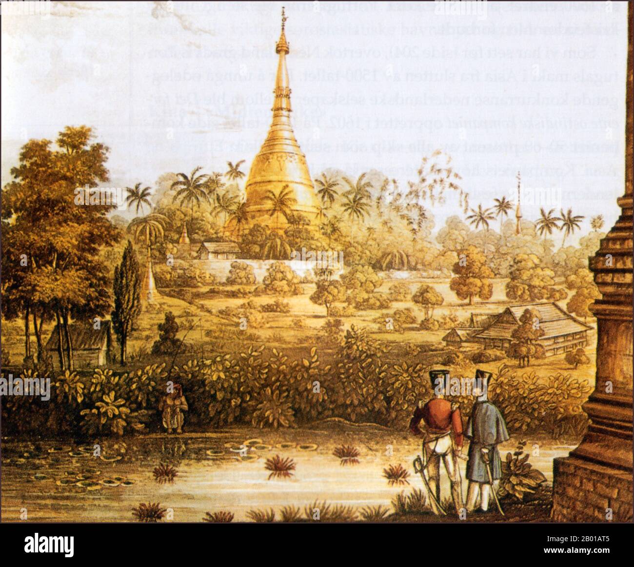 Burma/Myanmar: 'View of the Great Dagon Pagoda (Shwedagon Pagoda) at Rangoon and scenery adjacent to the westward of the great road'. Engraving by George Hunt (1797-1872), 1825.  The Shwedagon Pagoda, officially called Shwedagon Zedi Daw and also known as the Golden Pagoda, is a 98 metre (322 ft) gilded pagoda and stupa located in Yangon (Rangoon), Burma. The pagoda lies to the west of Kandawgyi Lake, on Singuttara Hill, thus dominating the skyline of the city.  It is the most sacred Buddhist pagoda for the Burmese, with relics of the past four Buddhas enshrined within. Stock Photo