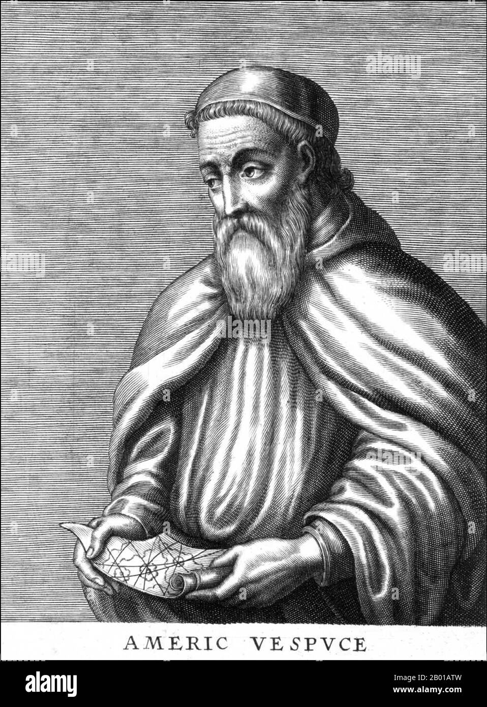 Italy: Amerigo Vespucci (9 March 1454 - 22 February 1512), Italian explorer, navigator, cartogapher and America's namesake. Portrait, c. 16th century.  Amerigo Vespucci was born and brought up by his uncle in the Republic of Florence, in what is now Italy. The Americas are generally believed to have derived their name from the feminised Latin version of his first name.  At the invitation of King Manuel I of Portugal, Vespucci participated as observer in several voyages that explored the east coast of South America between 1499 and 1502. Stock Photo