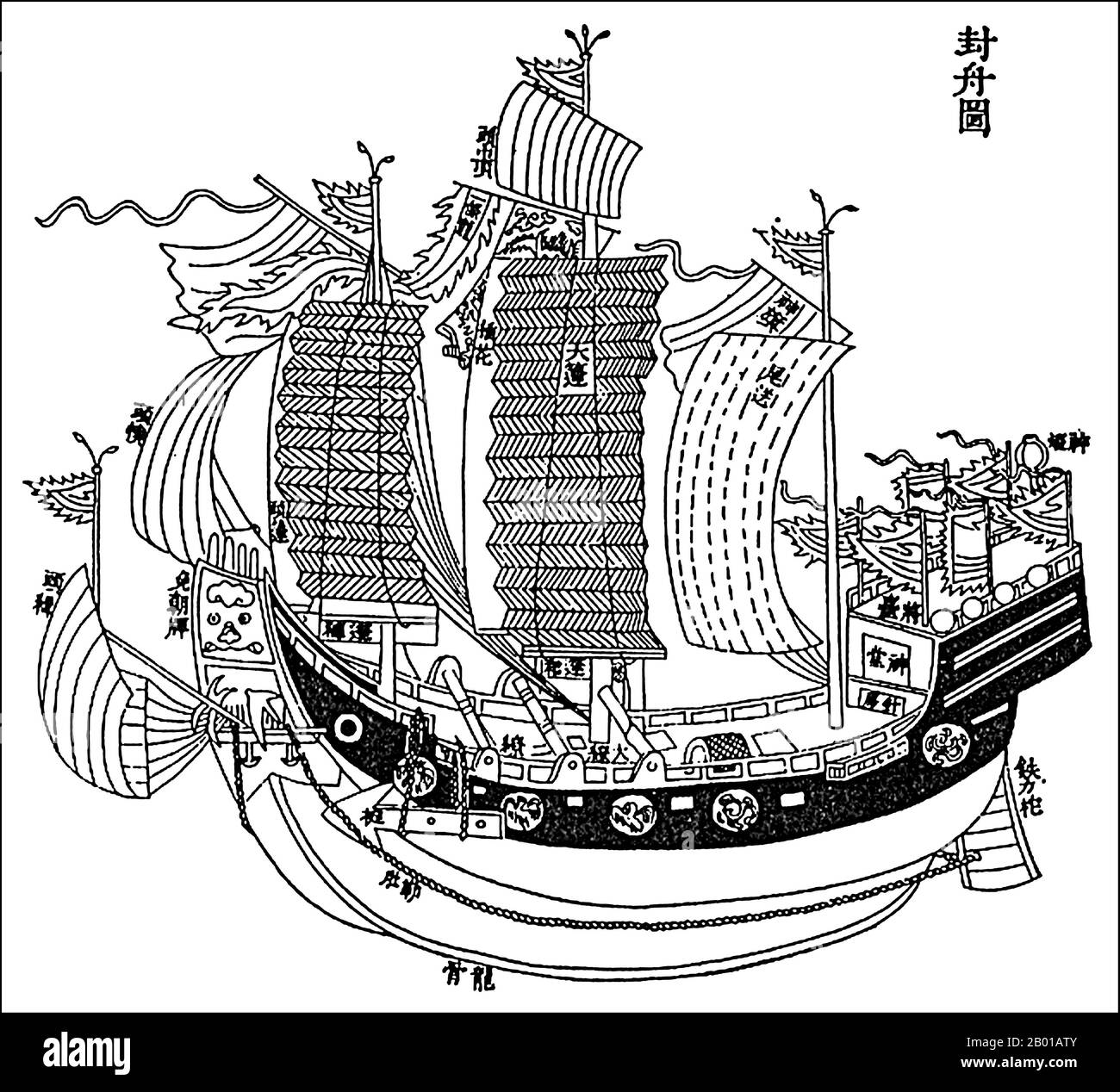 China: A Mongol/Yuan Dynasty war junk (Hai Fanchuan). Drawing from the book 'Liuqiu Guozhi Lue' (Annals of Ryukyu) by Zhou Huang (1714-1785), c. 1757-1759.  A junk is an ancient Chinese sailing vessel design still in use today. Junks were developed during the Han Dynasty (206 BCE – 220 CE) and were used as sea-going vessels as early as the 2nd century CE. They evolved in the later dynasties, and were used throughout Asia for extensive ocean voyages. They were found, and in lesser numbers are still found, throughout Southeast Asia and India, but primarily in China. Stock Photo