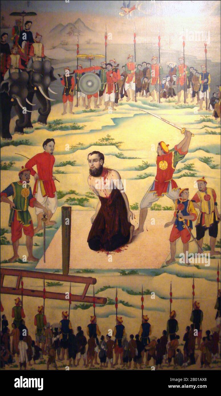 Vietnam/France: Martyrdom of Saint Pierre Borie, 24 November 1838, Tonkin. Mural painting, c. 1838.  Pierre Dumoulin-Borie (20 February 1808 - 24 November 1838) was a French Catholic missionary priest and a member of the Paris Foreign Missions Society. He was brought to Saigon by Chinese smugglers in an attempt to circumpass the ban on proselytising, where he joined the South Tonkin mission. Though he faced persecution, he persevered in his missionary work until he was arrested in 1838. He was executed by beheading on 24 November 1838.  He was canonised as a Catholic saint in 1988. Stock Photo