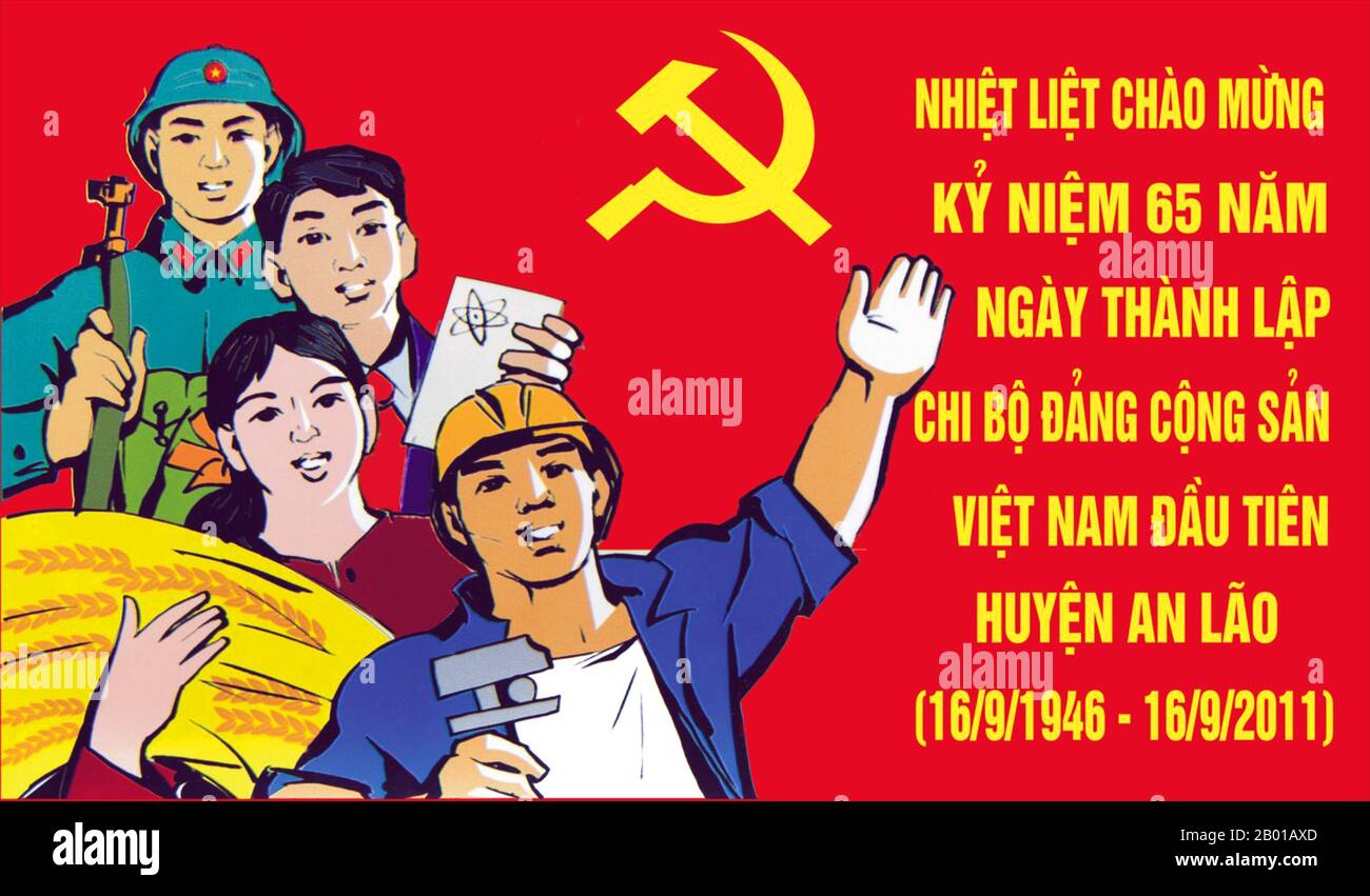 Vietnam: Communist party propaganda poster, 2011.  Poster celebrating the 65th anniversary of the establishment of the Communist Party of Vietnam in Haiphong's An Lao District. Stock Photo