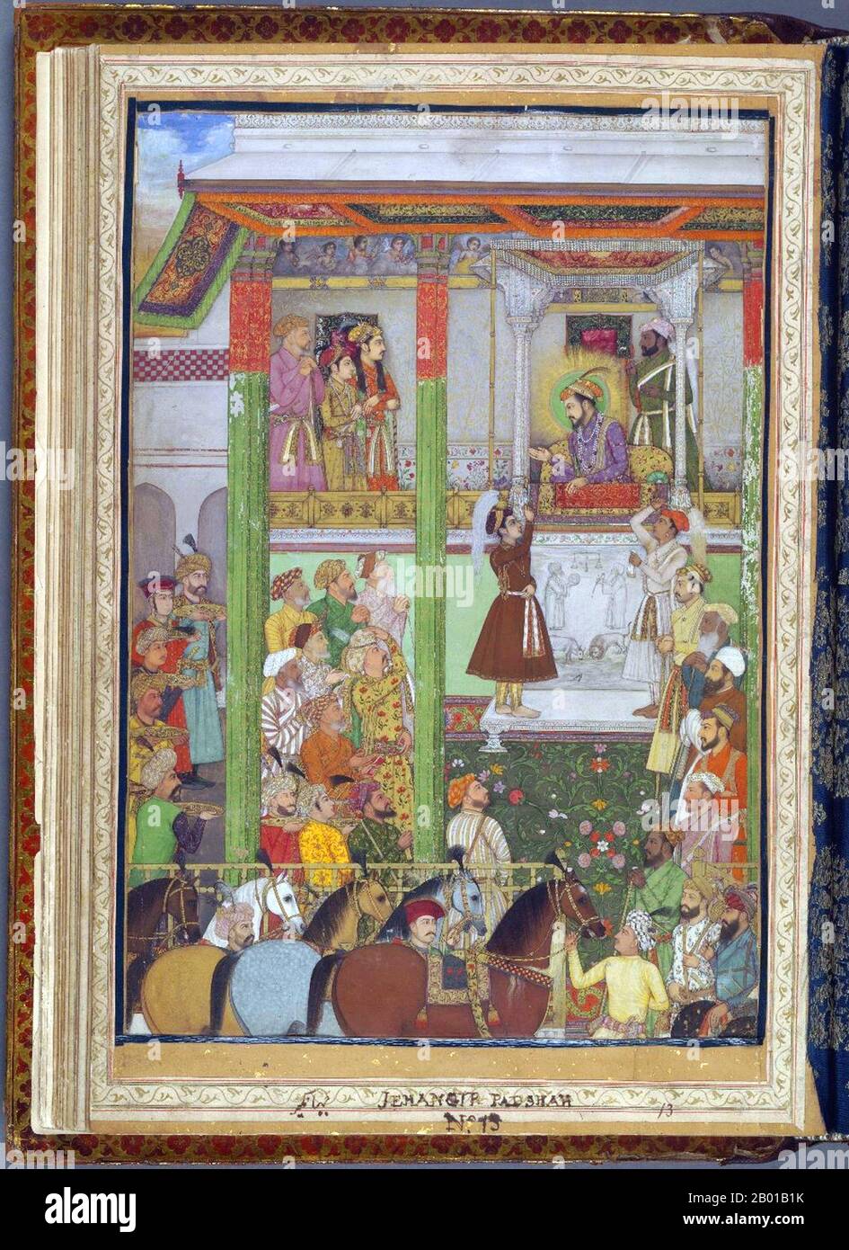 India: Emperor Shah Jahan (5 January 1592 - 22 January 1666) receives Ali Mardan Khan in his durbar (court). Miniature painting, c. 1640.  Shah Jahan was the fifth emperor of the Mughal Empire, ruling from 1628 until 1658. The name Shah Jahan comes from the Persian meaning 'King of the World'. While young, he was a favourite of his legendary grandfather Akbar the Great. He is also known as 'Shah Jahan the Magnificent'. The period of his reign is considered the golden age of Mughal expansion; by the end of his reign the Mughal Empire covered 3 million square km and most of India. Stock Photo