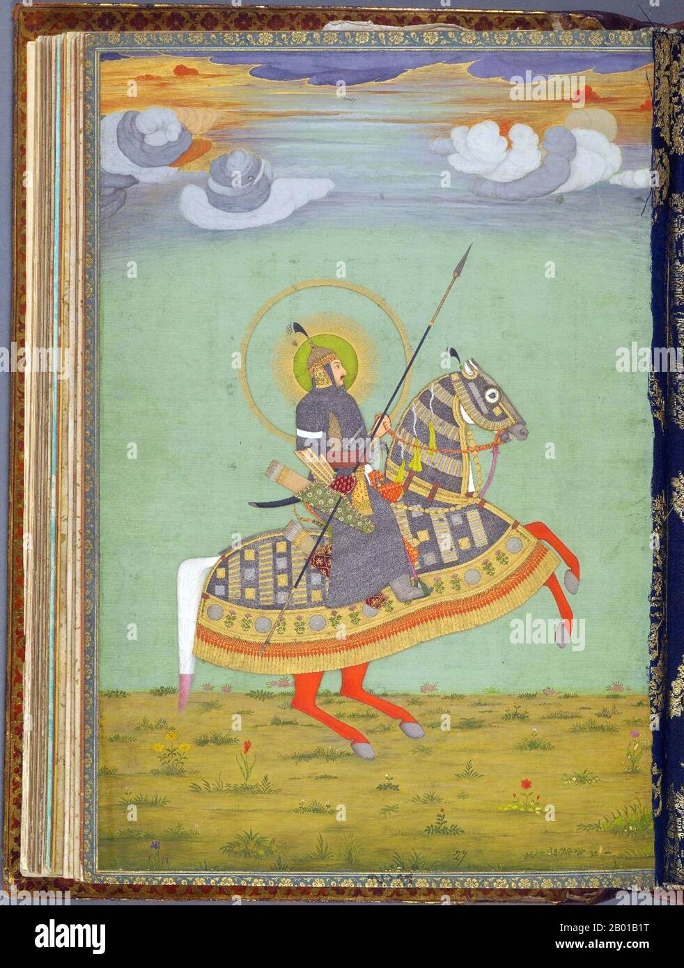 India: Mughal prince riding on horseback in full armour. Miniature painting, c. 1640.  Mughal period miniature painting from an album featuring portraits of Timur the Great and his descendants, mid-17th century. Stock Photo