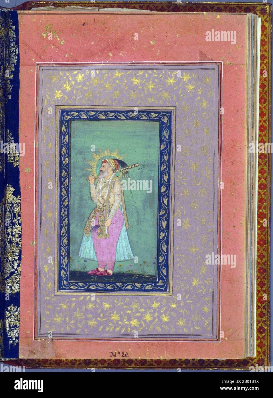 India: Mughal Royal Lineage - Emperor Shah Jahan (5 January 1592 - 22 January 1666). Miniature painting, c. 1640.  Shahanshah Shahab-ud-din Muhammad Shah Jahan I was the fifth emperor of the Mughal Empire, ruling from 1628 until 1658. The name Shah Jahan comes from the Persian meaning 'King of the World'. While young, he was a favourite of his legendary grandfather Akbar the Great. He is also known as 'Shah Jahan the Magnificent'. The period of his reign is considered the golden age of Mughal expansion; by the end of his reign the Mughal Empire covered 3 million square km and most of India. Stock Photo