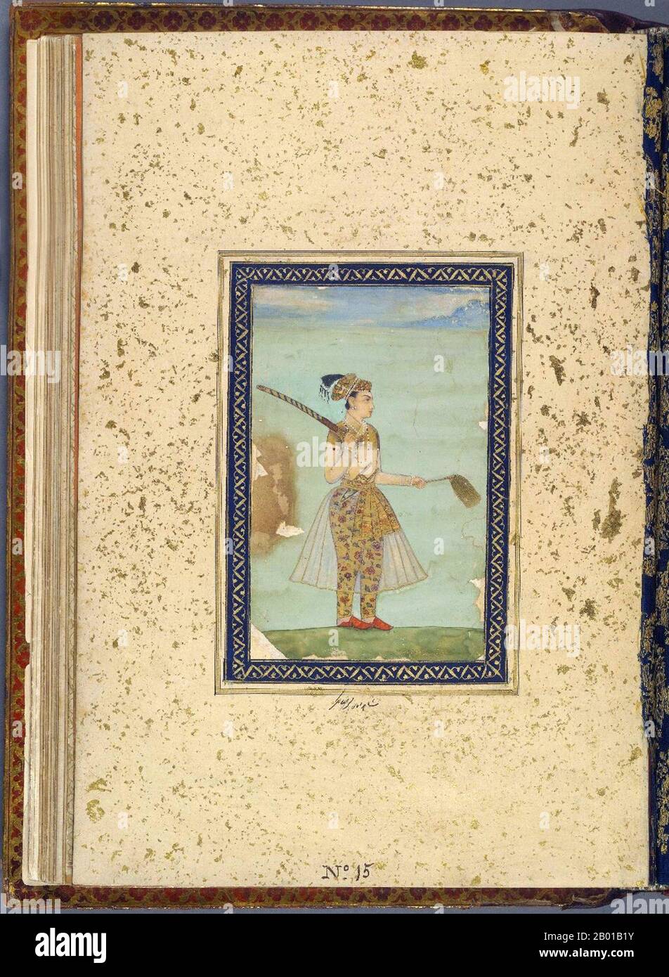 India: Mughal Royal Lineage - House of Timur, A prince holding a fly-whisk in one hand and a sword over his shoulder. Miniature painting, c. 1640.  Mughal period miniature painting from an album featuring portraits of Timur the Great and his descendants, mid-17th century. Stock Photo