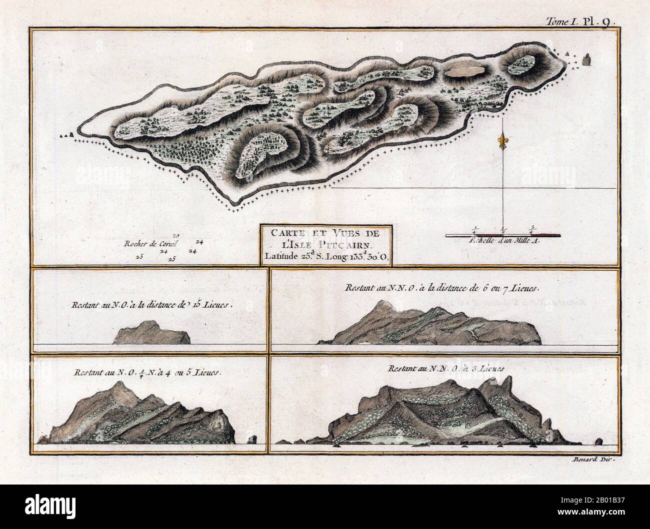 Pitcairn Islands: French map of Pitcairn Island by Jacques Renaud Benard (1731-1794), 1774.  The Pitcairn Islands, officially named the Pitcairn, Henderson, Ducie and Oeno Islands, form a group of four volcanic islands in the southern Pacific Ocean. The islands are a British Overseas Territory (formerly a British colony), the last remaining in the Pacific. Only Pitcairn, the second largest and measuring about 2 miles (3.2 km) across, is inhabited.  The islands are best known as home of the descendants of the Bounty mutineers and the Tahitians (or Polynesians) who accompanied them. Stock Photo