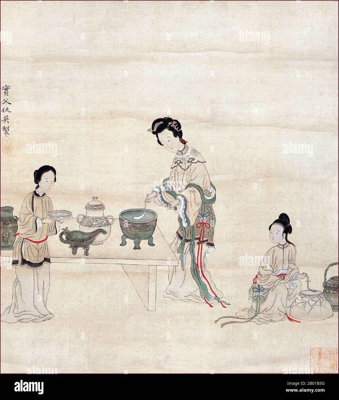 China: Wang Xifeng ('Splendid Phoenix') with two girls. Detail of handscroll painting of a scene from the Dream of the Red Chamber, mid-18th century.  Dream of the Red Chamber (pinyin: Hóng Lóu Mèng; Wade–Giles: Hung Lou Meng), composed by Cao Xueqin (4 April 1710 - 10 June 1765), is one of China's Four Great Classical Novels. It was composed sometime in the middle of the 18th century during the Qing Dynasty. It is a masterpiece of Chinese vernacular literature and is generally acknowledged to be the pinnacle of classical Chinese novels. Stock Photo