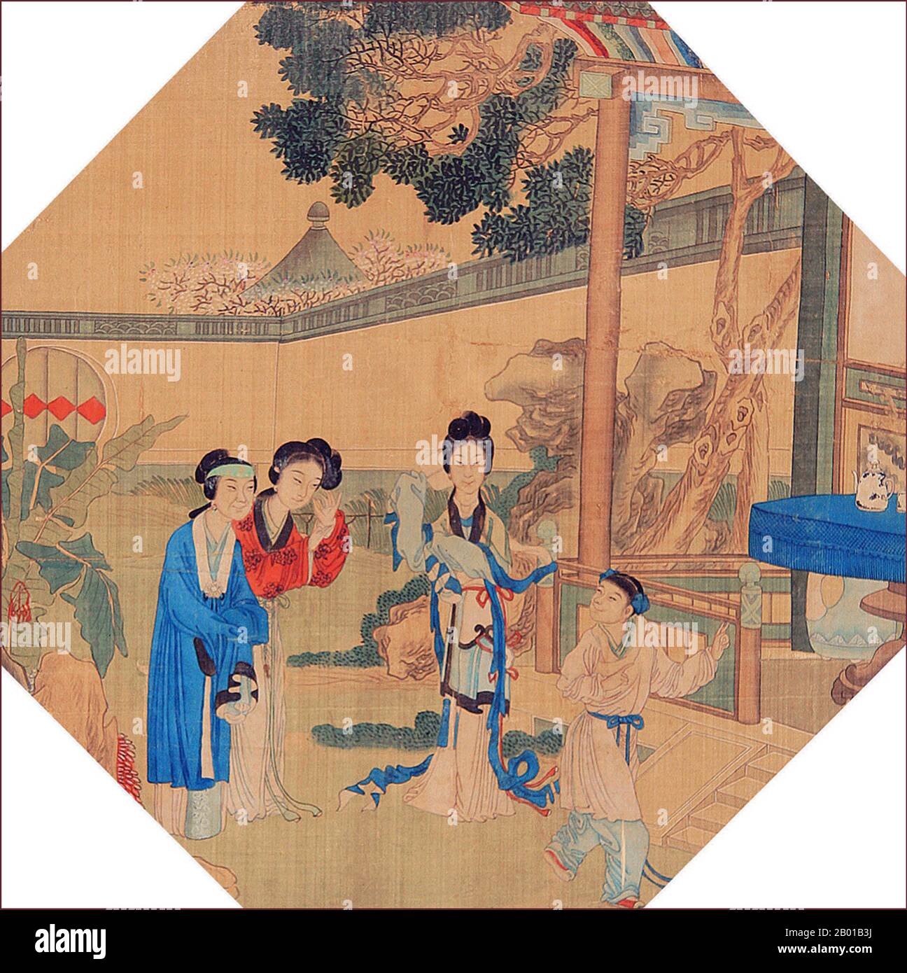 China: Lady Xing, You Erjie ('Second Sister You'), You Sanjie ('Third Sister You') and a child in the garden. Qing Dynasty painting of a scene from the Dream of the Red Chamber, mid-18th century.  Dream of the Red Chamber (pinyin: Hóng Lóu Mèng; Wade–Giles: Hung Lou Meng), composed by Cao Xueqin (4 April 1710 - 10 June 1765), is one of China's Four Great Classical Novels. It was composed sometime in the middle of the 18th century during the Qing Dynasty. It is a masterpiece of Chinese vernacular literature and is generally acknowledged to be the pinnacle of classical Chinese novels. Stock Photo
