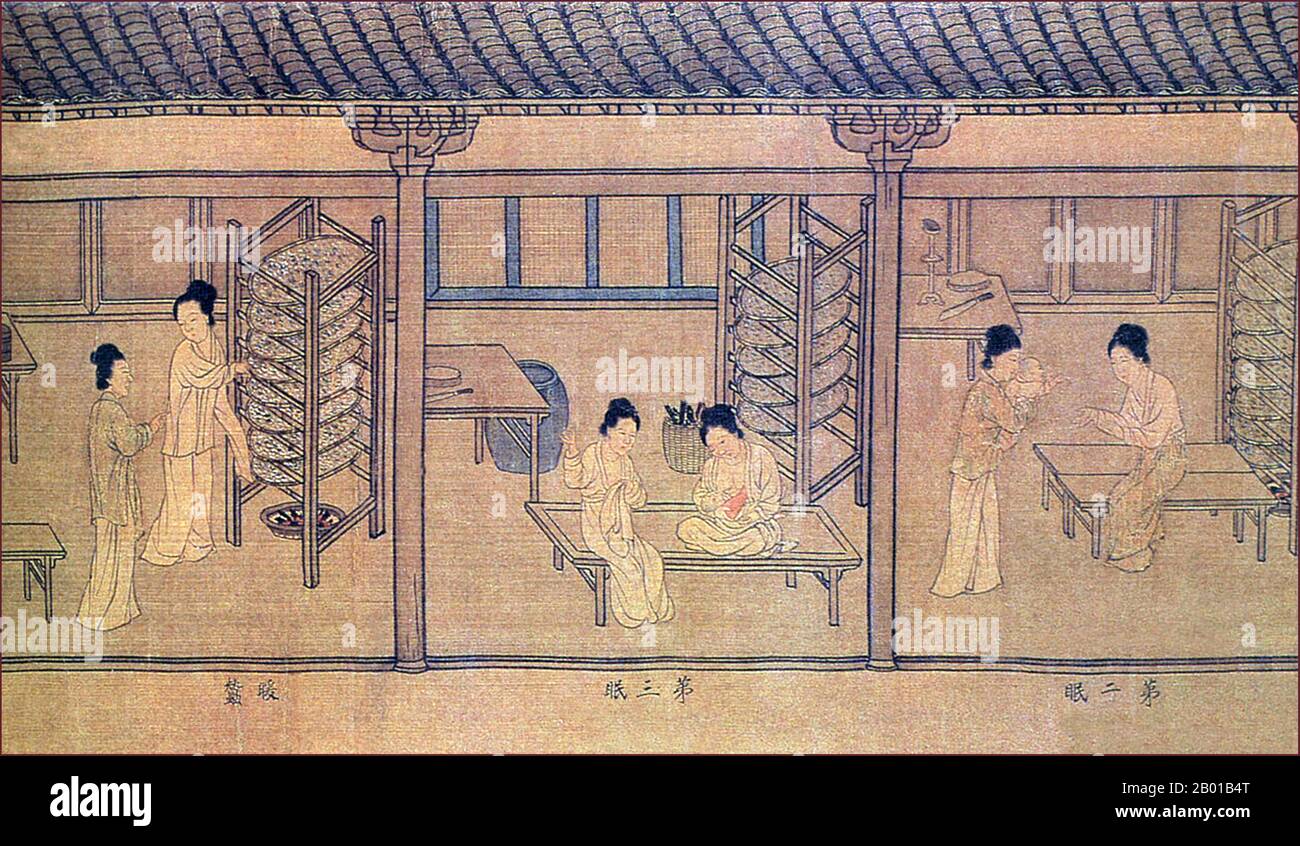 China: The Art of Making Silk (2) - Feeding and caring for silk worms while doing other chores such as sewing and playing with a baby. Detail from a Song Dynasty (960-1279) handscroll painting, 11th century.  In China, silk worm farming was originally restricted to women, and many women were employed in the silk-making industry. Even though some saw this development of a luxury product as useless, silk provoked such a craze among high society that the laws were used to regulate and limit its use to the members of the imperial family. Stock Photo