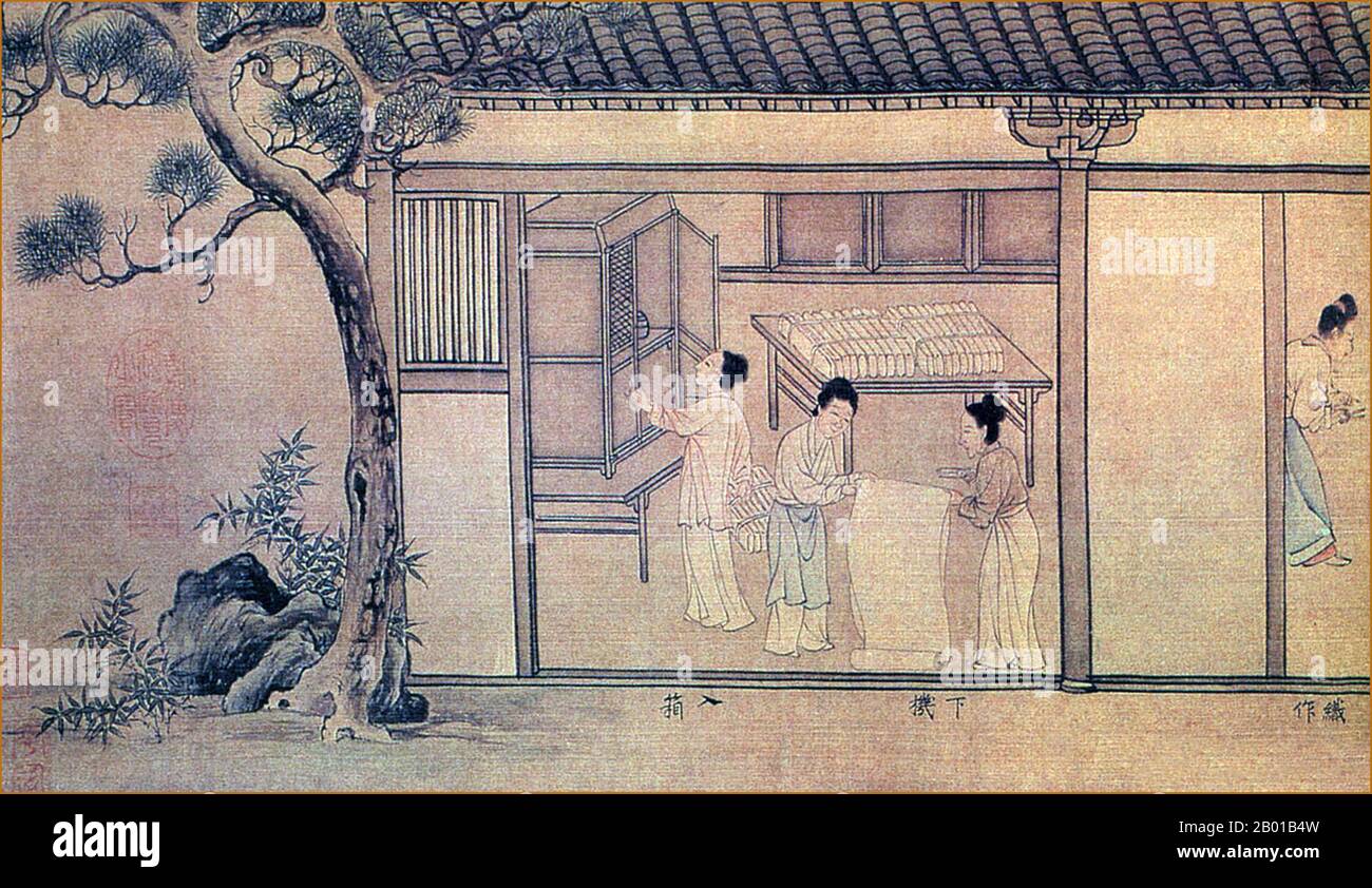 China: The Art of Making Silk (3) - Folding and storing bales of silk. Detail from a Song Dynasty (960-1279) handscroll painting, 11th century.  In China, silk worm farming was originally restricted to women, and many women were employed in the silk-making industry. Even though some saw this development of a luxury product as useless, silk provoked such a craze among high society that the laws were used to regulate and limit its use to the members of the imperial family. For approximately a millennium, the right to wear silk was reserved for the emperor and the highest dignitaries Stock Photo