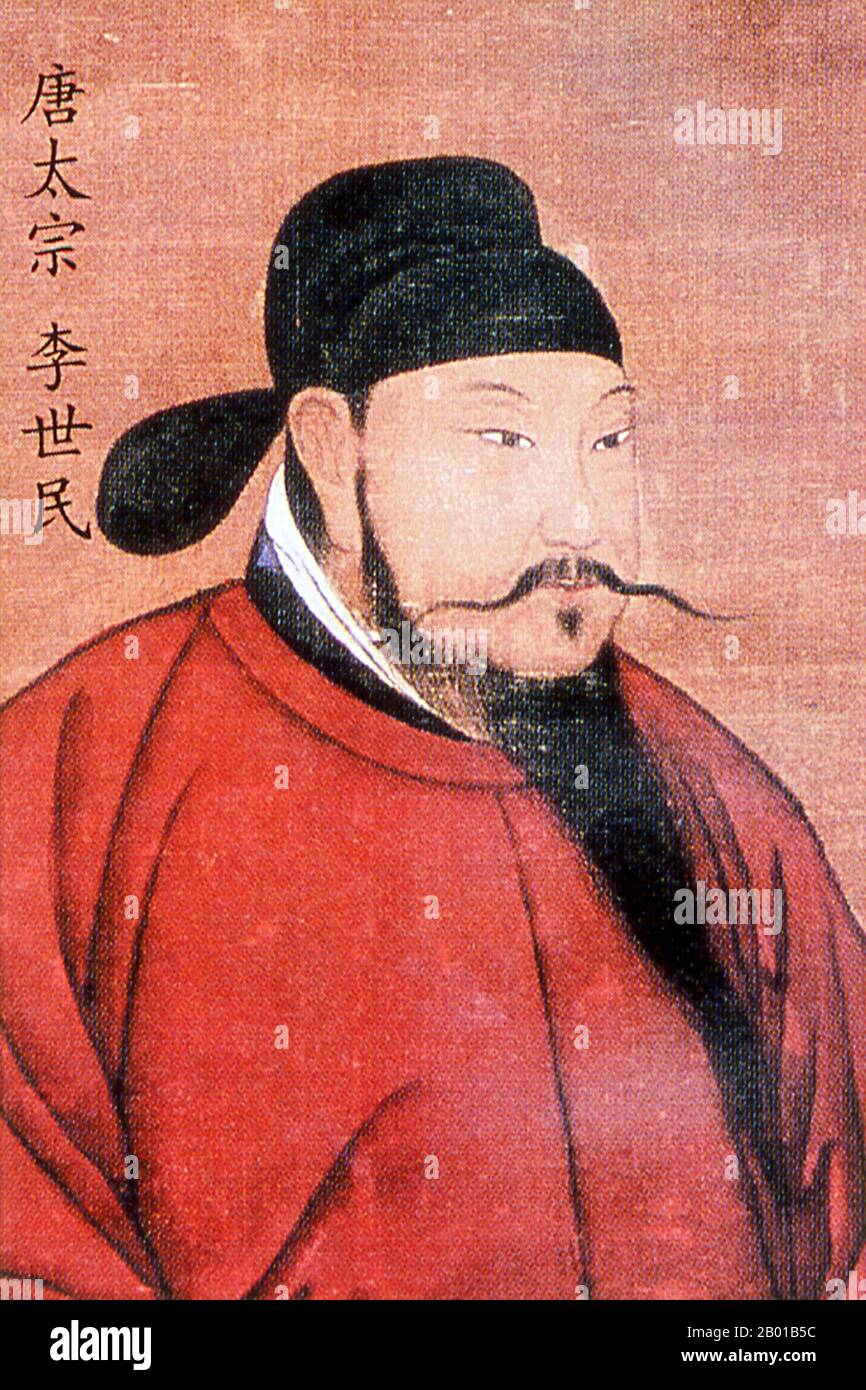 China: Emperor Taizong (28 January 598 - 10 July 649), 2nd ruler of the Tang Dynasty (r. 626-649). Ming Dynasty hanging scroll painting, 1368-1644.  Emperor Taizong of Tang, personal name Li Shimin and posthumous name Wen Huangdi, was the second emperor of the Tang Dynasty. He is ceremonially regarded as a co-founder of the dynasty along with Emperor Gaozu. He is typically considered one of the greatest, if not the greatest, emperors in Chinese history. Throughout the rest of Chinese history, his reign was regarded as the exemplary model against which all other emperors were measured. Stock Photo