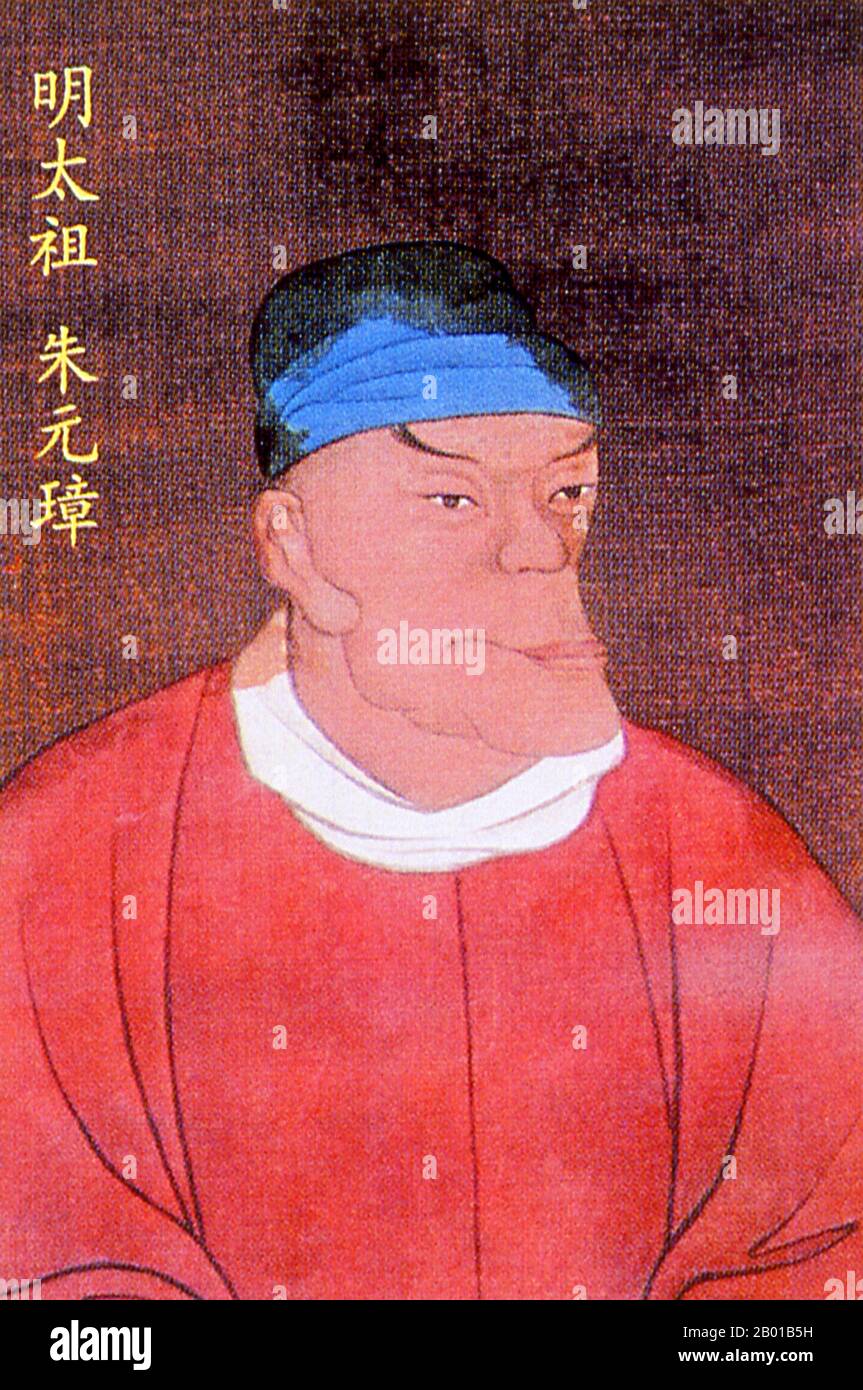 China: Emperor Hongwu (21 October 1328 - 24 June 1398), 1st ruler of the Ming Dynasty (r. 1368-1398). Ming Dynasty hanging scroll painting, 1368-1644.  Emperor Hongwu, personal name Zhu Yuanzhang, courtesy name Guorui and temple name Taizu, was the founder of the Ming Dynasty. His era name, Hongwu, means 'vastly martial'. In the middle of the 14th century, with famine, plagues and peasant revolts sweeping across China, he became leader of the Red Turban forces that conquered China, ending the Yuan Dynasty and forcing the Mongols to retreat to the Mongolian steppes. Stock Photo