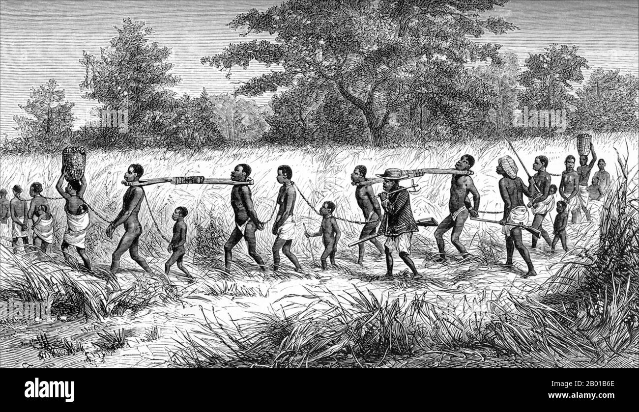 Central Africa: 'Gang Of Captives met at Mbame’s on their way to Tette'. Drawing by David Livingstone (19 March 1913 - 1 May 1873), 1865.  'The slave party, a long line of manacled men, women, and children, came wending their way round the hill and into the valley, on the side of which the village stood.  The black drivers, armed with muskets, and bedecked with various articles of finery, marched jauntily in the front, middle, and rear of the line; some of them blowing exultant notes out of long tin horns. They seemed to feel that they were doing a very noble thing, and might proudly march...' Stock Photo