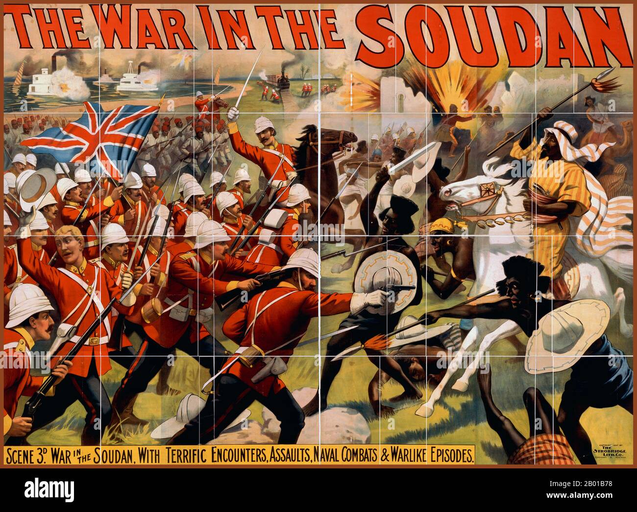 Sudan/South Sudan: 'The War in the Soudan'. Colour lithograph, 1897.  American theatrical poster published by Strobridge & Co., Cincinnati and New York.  The Mahdist War (1881-1899) was a conflict fought between Mahdist Sudanese, led by Muhammad Ahmad bin Abd Allah, the self-proclaimed 'Mahdi', and the forces of the Khedivate of Egypt, with Britain getting involved in the latter stages of the war. After eighteen years of war, The Mahdists lost and Sudan became Anglo-Egyptian Sudan, a de jure condominium between the Kingdom of Egypt and the British Empire in which Britain had de facto control. Stock Photo