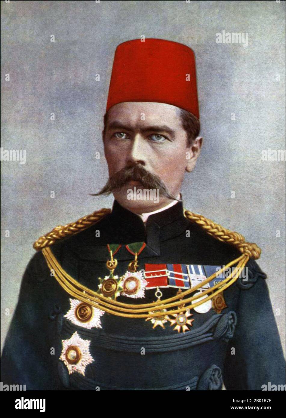 United Kingdom: Field Marshal Horatio Herbert Kitchener, 1st Earl Kitchener KG, KP, GCB, OM, GCSI, GCMG, GCIE, ADC, PC (24 June 1850 - 5 June 1916), Irish-born British Field Marshal, patriot and arch imperialist. Photo by C. N. Robinson (fl. early 20th century), 1900.  Kitchener won fame in 1898 for winning the Battle of Omdurman and securing control of the Sudan, after which he was given the title 'Lord Kitchener of Khartoum'. As Chief of Staff (1900-1902) in the second Boer war he played a key role in Lord Roberts' conquest of the Boer Republics, then succeeded Roberts as commander-in-chief. Stock Photo