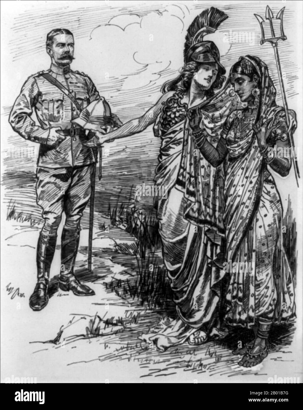 United Kingdom/India: 'Eastward ho!'. Cartoon for 'Punch' by Sir John Bernard Partridge (11 October 1861 - 9 August 1945), 16 July 1902.  Inscribed below title: 'We can ill spare him; but you see we give you of our best.'  Britannia, holding her trident, introduces Lord Kitchener to a demurely veiled India. Horatio Herbert Kitchener (24 June 1850 - 5 June 1916) served as Commander-in-Chief of India (r. 1902-1909) after his triumphant return from the Boer Wars in South Africa in 1902. Stock Photo