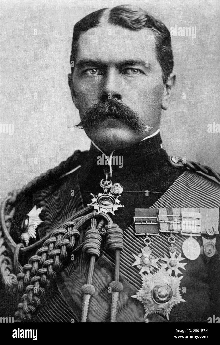 United Kingdom: Field Marshal Horatio Herbert Kitchener, 1st Earl Kitchener KG, KP, GCB, OM, GCSI, GCMG, GCIE, ADC, PC (24 June 1850 - 5 June 1916), Irish-born British commander, patriot and arch imperialist. Portrait, c. 1888-1898.  Kitchener won fame in 1898 for winning the Battle of Omdurman and securing control of the Sudan, after which he was given the title 'Lord Kitchener of Khartoum'. As Chief of Staff (1900-1902) in the Second Boer War he played a key role in Lord Roberts' conquest of the Boer Republics, then succeeded Roberts as commander-in-chief. Stock Photo