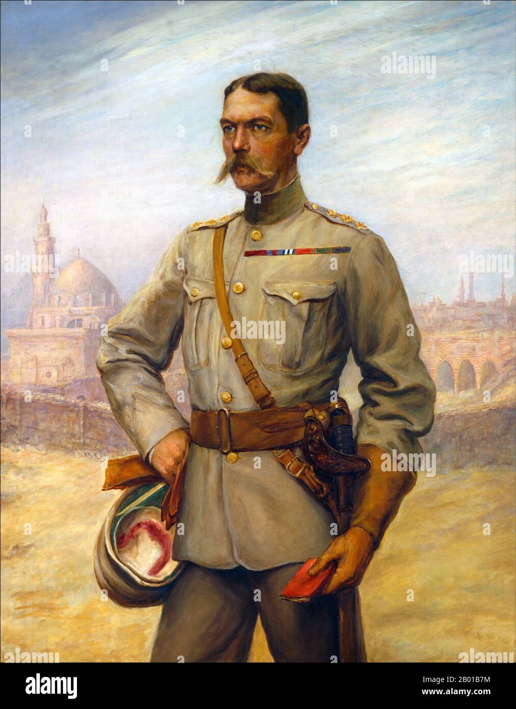 United Kingdom: Field Marshal Horatio Herbert Kitchener, 1st Earl Kitchener KG, KP, GCB, OM, GCSI, GCMG, GCIE, ADC, PC (24 June 1850 - 5 June 1916), Irish-born British Field Marshal, patriot and arch imperialist. Oil on canvas painting by Florence Woodruffe (fl. early 20th century), 1925.  Kitchener won fame in 1898 for winning the Battle of Omdurman and securing control of the Sudan, after which he was given the title 'Lord Kitchener of Khartoum'. As Chief of Staff (1900-1902) in the second Boer war he played a key role in Lord Roberts' conquest of the Boer Republics. Stock Photo