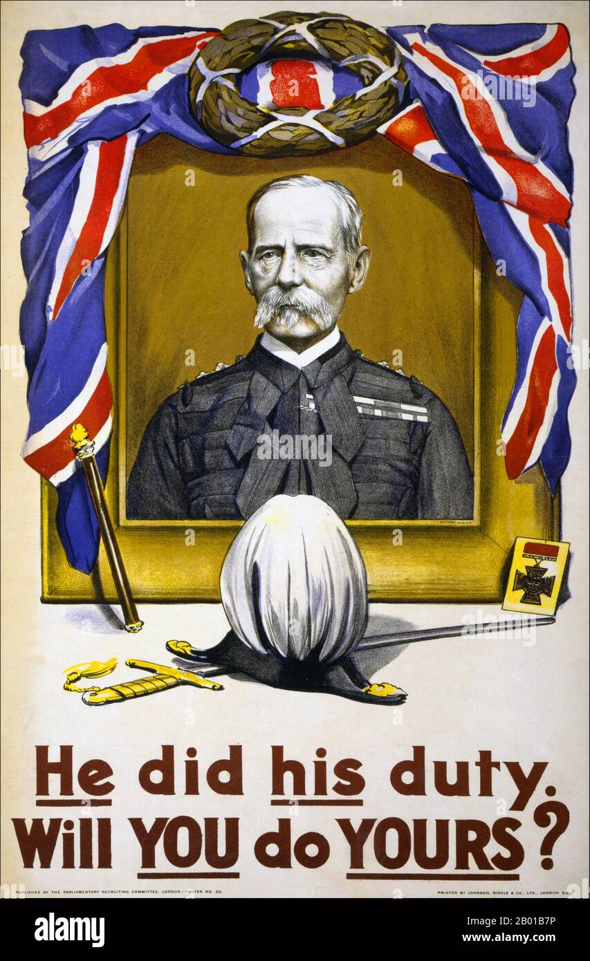 United Kingdom: 'He did his duty. Will YOU do YOURS?' Poster of Field Marshal Frederick Roberts (30 September 1832 - 14 November 1914), 1st Earl Roberts, British general, 1916.  Frederick Sleigh Roberts was a Victorian era general of Anglo-Irish heritage who would go on to become one of the most successful British commanders of his time. Born in India, he joined the East India Company Army and served with distinction during the Indian Rebellion, after which he was transferred to the British Army and served in the Expedition to Abyssinia and the Second Anglo-Afghan War. Stock Photo