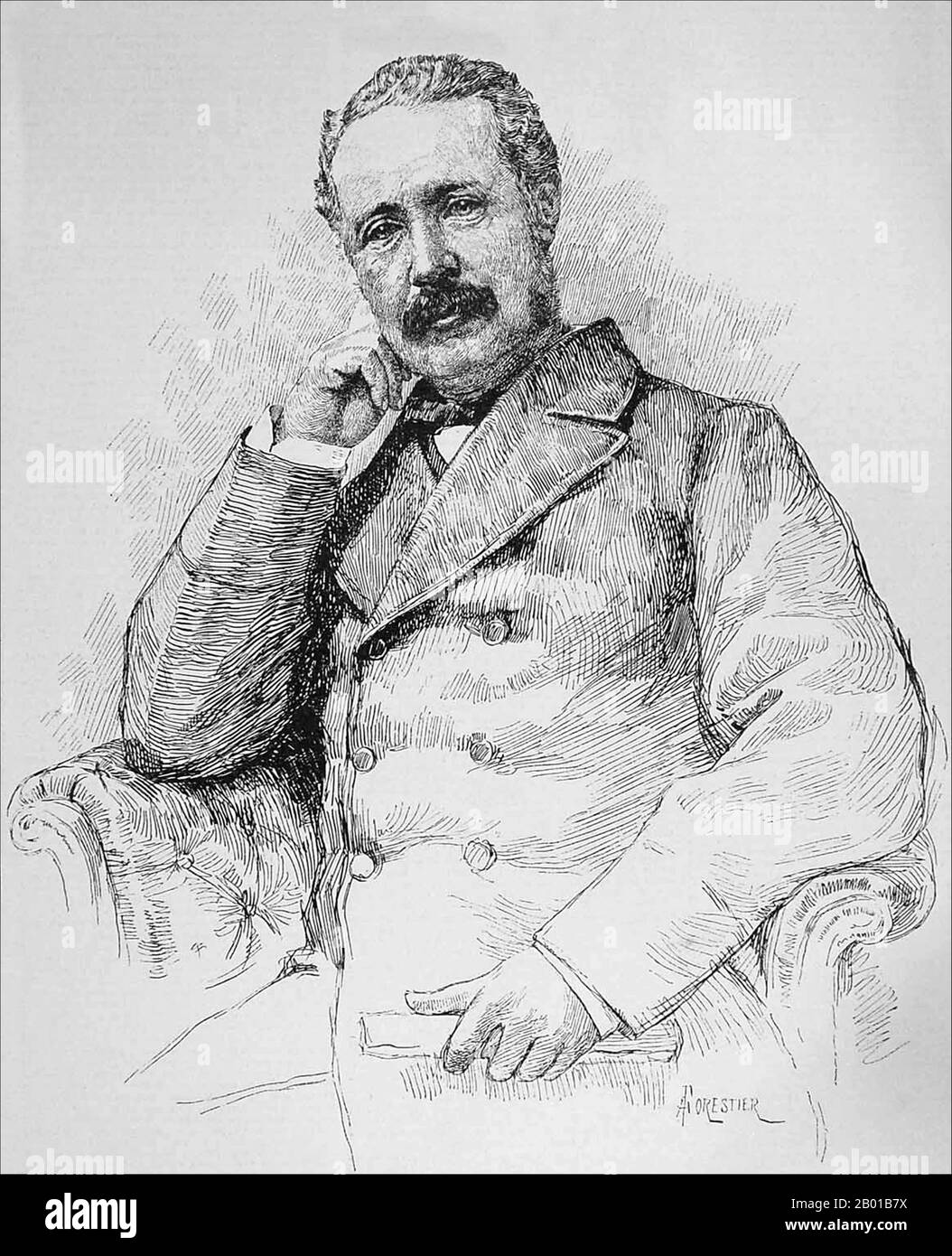 Great Britain: Major-General Charles George Gordon CB (28 January 1833 - 26 January 1885). Portrait sketch by Amedee Forestier (1854 - 18 November 1930), c. 1880s.  Major-General Charles George Gordon, also known as Chinese Gordon and Gordon Pasha, was a British Army officer and administrator who saw action in the Crimean War and in China. He served the Khedive of Egypt in 1873, becoming the Governor-General of the Sudan.  General Gordon was killed by Mahdist forces during the Mahdist War on January 26, 1885. The manner of his death is uncertain but it was romanticised in in the British media. Stock Photo