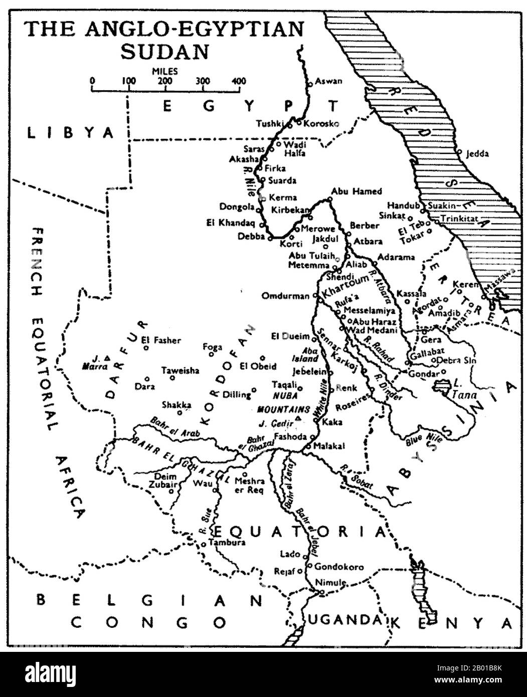 Sudan: Map of the Anglo-Egyptian Sudan showing Equatoria Province - now roughly coterminous with South Sudan, late 19th century.  The term Anglo-Egyptian Sudan refers to the period between 1891 and 1956 when Sudan was administered as a condominium of Egypt and the United Kingdom. Sudan (comprising modern-day Sudan and South Sudan) was de jure shared legally between Egypt and the British Empire, but was de facto controlled by the latter, with Egypt only enjoying limited local power in reality as Egypt itself fell under increasing British influence. Stock Photo