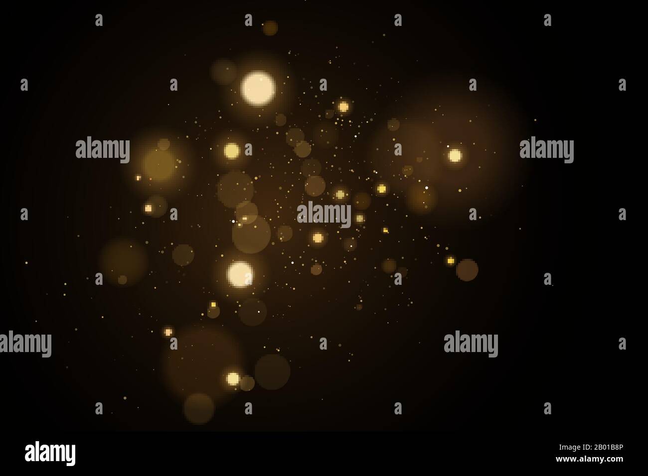 Abstract golden lights bokeh on a black background. Glares with flying ...