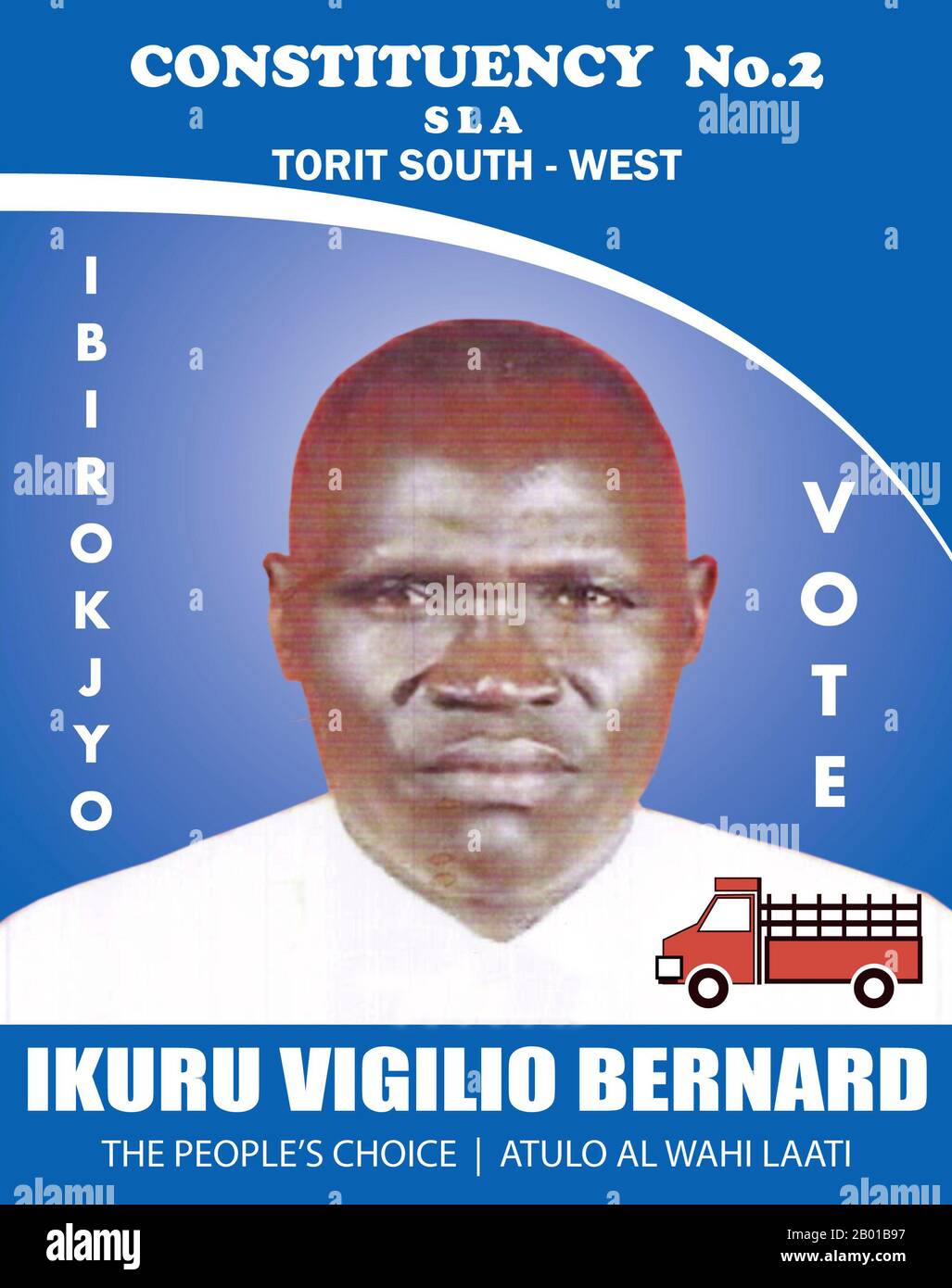 South Sudan: SPLA election poster for Torit South-West, 2011.  Torit is the capital of Eastern Equatoria State and the seat of Imatong county in South Sudan. Torit district was formed in 1934 by the merging of the districts of Teretenya and Opari. Opari was the district administrative headquarters' for the regions inhabited by the ethnic Lotuko (Otuho) Madi and Acholi people.  Torit was badly affected by the violence of the Second Sudanese Civil War and conflict with the Lord's Resistance Army. Much of its former population is still internally displaced within South Sudan. Stock Photo