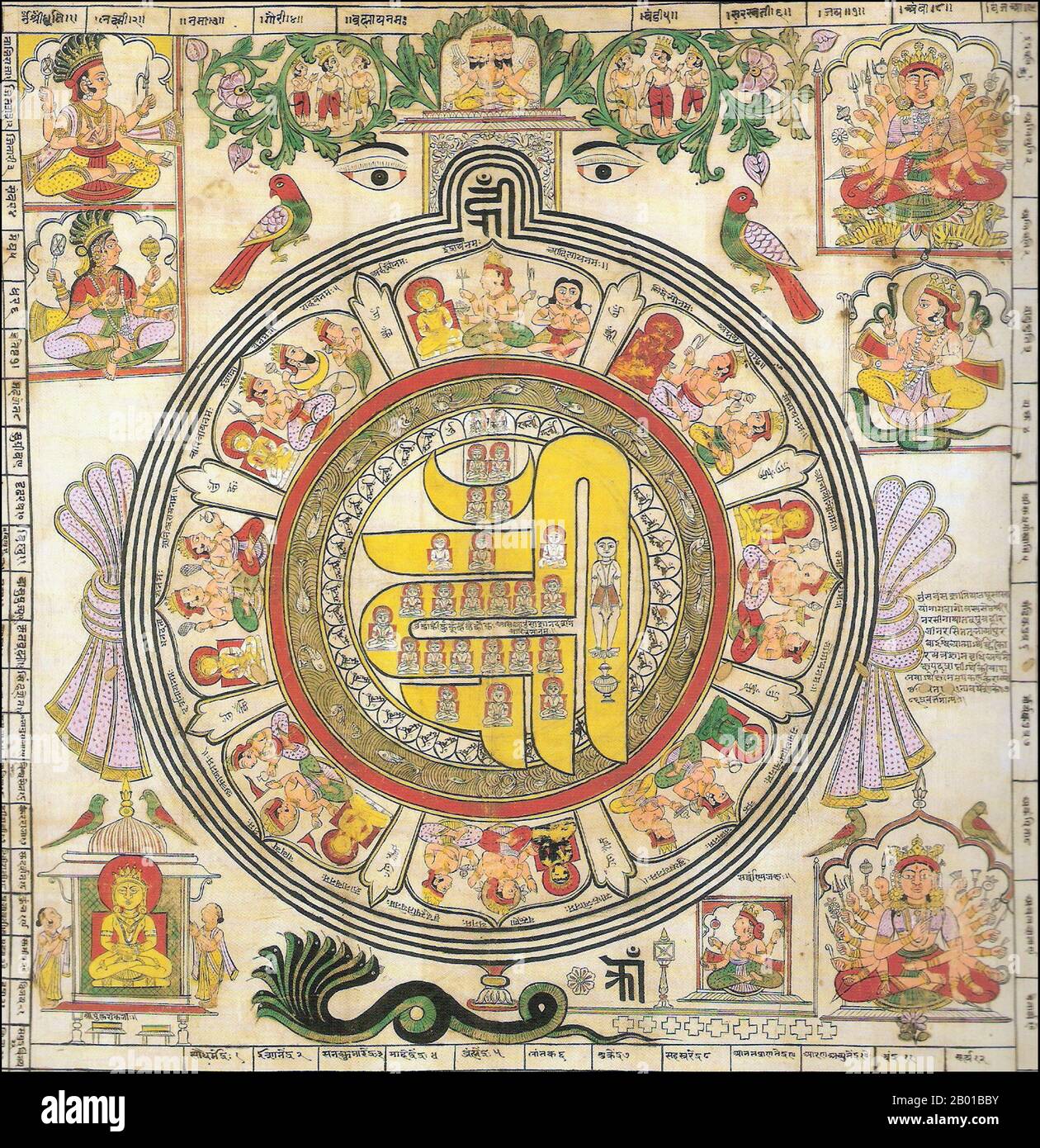 India: Painted diagram of the Om Hrim Siddhi Chakra used by Jains in dravya puja, 18th century.  Jainism is an Indian religion that prescribes pacifism and a path of non-violence towards all living beings. Its philosophy and practice emphasise the necessity of self-effort to move the soul towards divine consciousness and liberation. Any soul that has conquered its own inner enemies and achieved the state of supreme being is called Jina (Conqueror or Victor). Jainism is also referred to as Shraman (self-reliant) Dharma or the religion of Nirgantha (who does not have attachments and aversions). Stock Photo