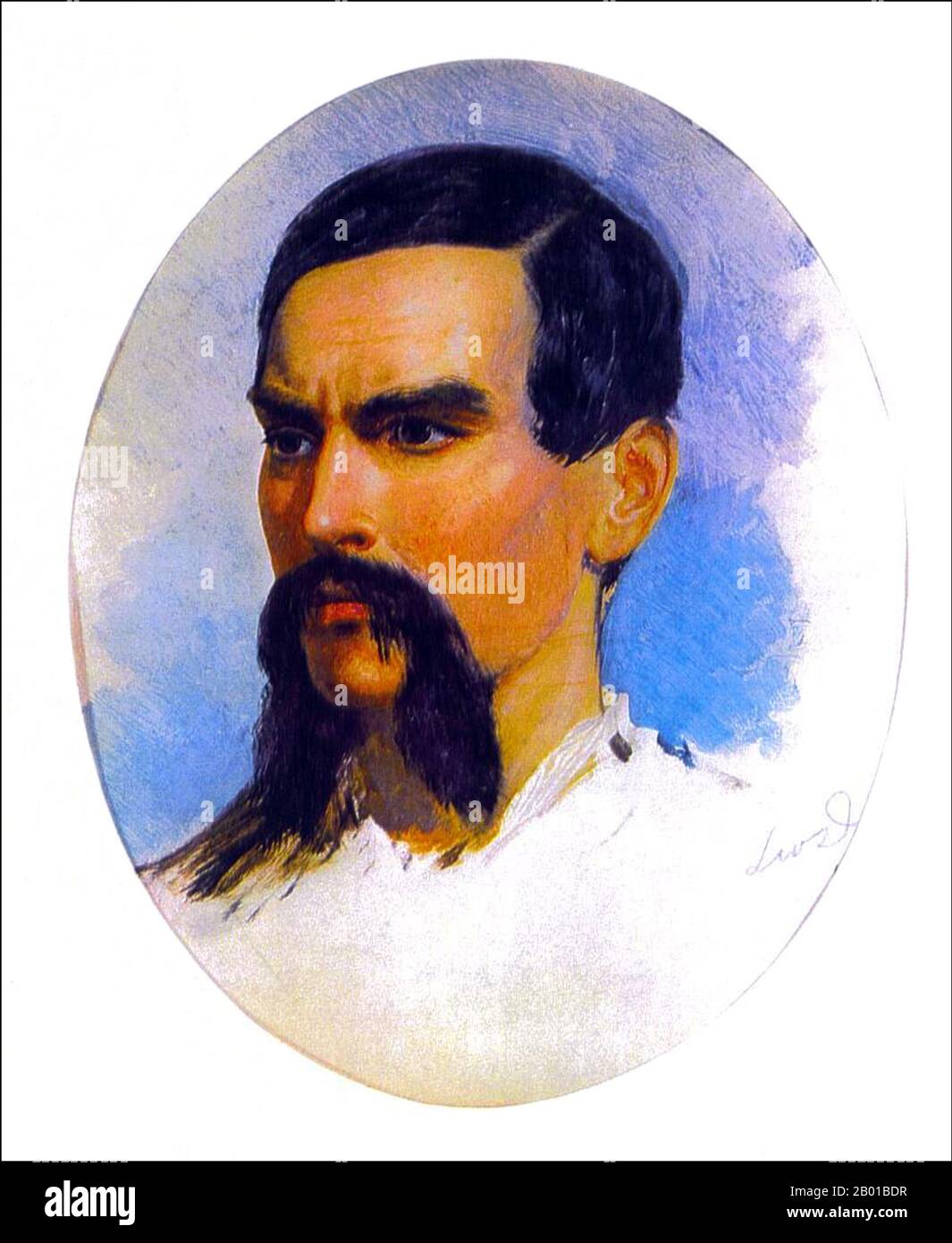 United Kingdom: Sir Richard Francis Burton (19 March 1821 - 20 October 1890). Oil on canvas marriage portrait by Louis Lesanges (fl. 19th century), 1861.  Captain Sir Richard Francis Burton KCMG FRGS was an English explorer, translator, writer, soldier, orientalist, ethnologist, linguist, poet, hypnotist, fencer and diplomat. He was known for his travels and explorations within Asia and Africa as well as his extraordinary knowledge of languages and cultures. Stock Photo