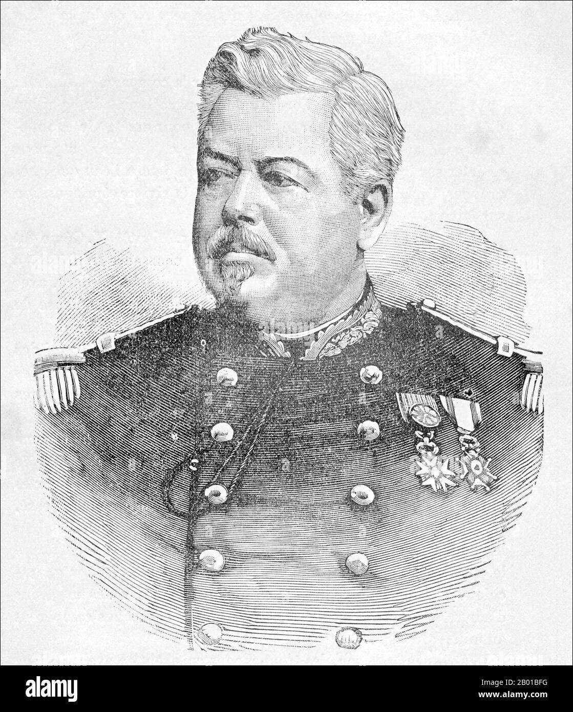 Vietnam/France: General Charles-Théodore Millot (28 June 1829 - 17 May 1889), general-in-chief of the Tonkin Expeditionary Corps (r. 1884). Engraving, 1886.  The Tonkin Campaign (French: Campagne du Tonkin) was an armed conflict fought between June 1883 and April 1886 by the French against, variously, the Vietnamese, Liu Yongfu's Black Flag Army and the Chinese Guangxi and Yunnan armies to occupy Tonkin (northern Vietnam) and entrench a French protectorate there. Stock Photo