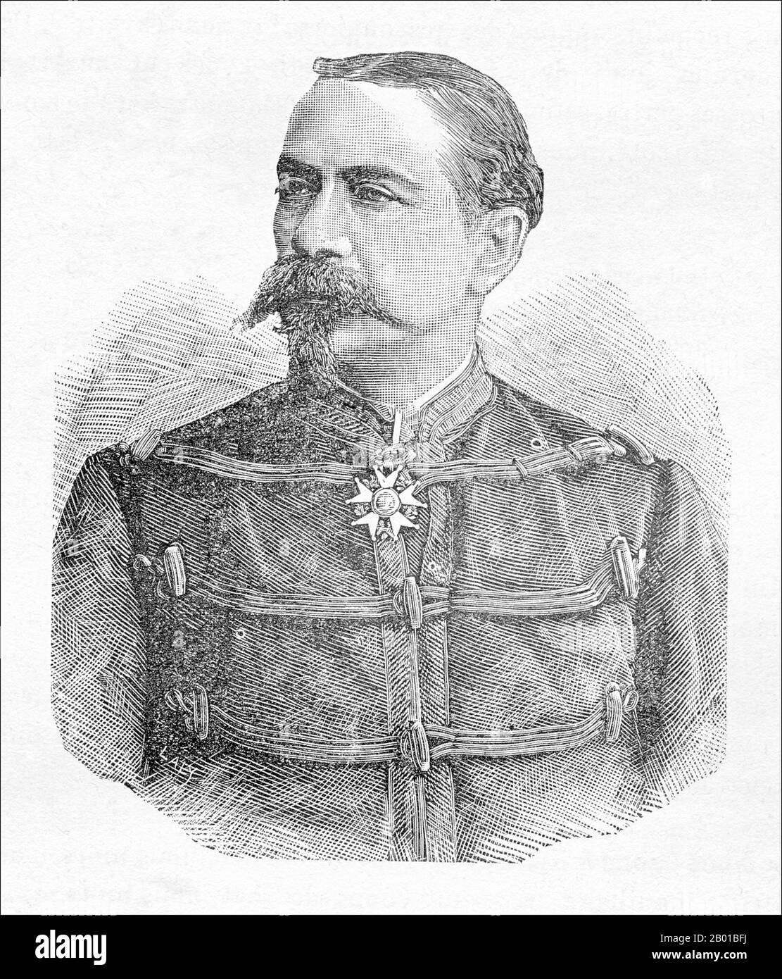 Vietnam/France: General Philippe-Marie-Henri Roussel de Courcy (30 May 1827 - 8 November 1887), commander of the Tonkin Expeditionary Corps (r. 1885-1886). Engraving, 1886.  The Tonkin Campaign (French: Campagne du Tonkin) was an armed conflict fought between June 1883 and April 1886 by the French against, variously, the Vietnamese, Liu Yongfu's Black Flag Army and the Chinese Guangxi and Yunnan armies to occupy Tonkin (northern Vietnam) and entrench a French protectorate there. Stock Photo