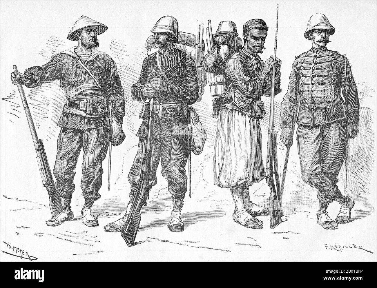 Vietnam/France: Tonkin Campaign - Uniforms of the Tonkin expeditionary corps in 1885 (fusilier-marin, marine infantryman, Turco and marine artilleryman). Lithograph, 1886.  The Tonkin Campaign (French: Campagne du Tonkin) was an armed conflict fought between June 1883 and April 1886 by the French against, variously, the Vietnamese, Liu Yongfu's Black Flag Army and the Chinese Guangxi and Yunnan armies to occupy Tonkin (northern Vietnam) and entrench a French protectorate there. Stock Photo