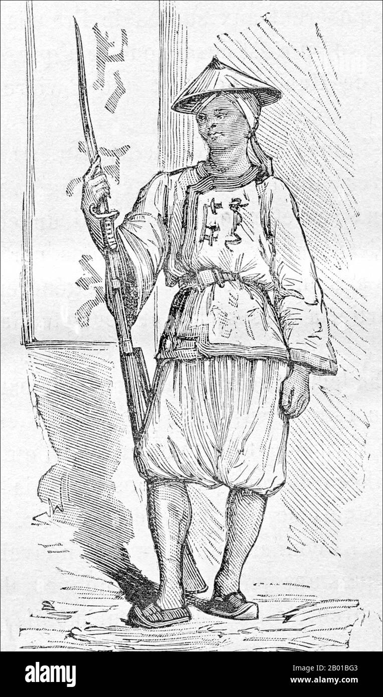 Vietnam: A Vietnamese infantryman, Tonkin Campaign (1883-1886). Lithograph by Charles-Lucien Huard (12 February 1837 - 22 January 1899), 1887.  The Tonkin Campaign (French: Campagne du Tonkin) was an armed conflict fought between June 1883 and April 1886 by the French against, variously, the Vietnamese, Liu Yongfu's Black Flag Army and the Chinese Guangxi and Yunnan armies to occupy Tonkin (northern Vietnam) and entrench a French protectorate there. Stock Photo