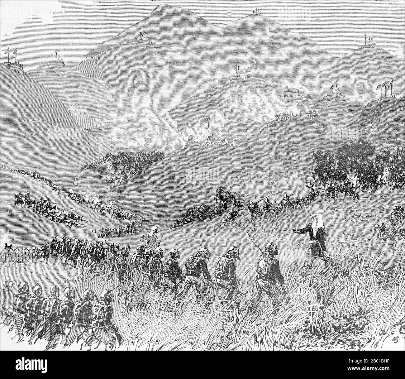 Vietnam/France: French troops advance on Chinese hill positions during the Battle of Bac Vie, 12 February 1885. Engraving, 1887.  The Tonkin Campaign (French: Campagne du Tonkin) was an armed conflict fought between June 1883 and April 1886 by the French against, variously, the Vietnamese, Liu Yongfu's Black Flag Army and the Chinese Guangxi and Yunnan armies to occupy Tonkin (northern Vietnam) and entrench a French protectorate there. Stock Photo