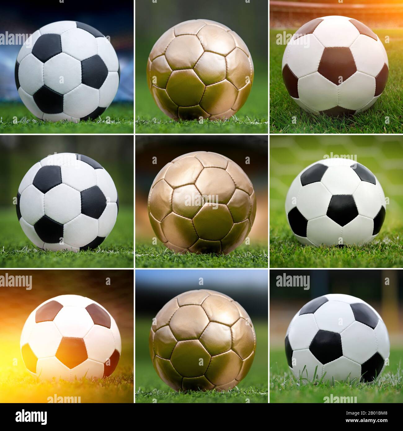 Collage of nine soccer balls on green grass at stadium Stock Photo