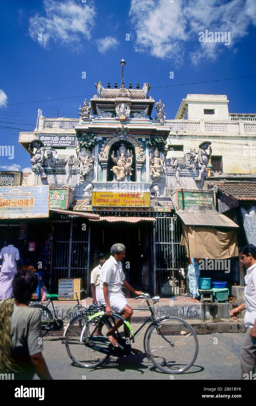 India: Ganesh presides over a pantheon of deities at a Pondicherry temple.  Pondicherry was the capital of the former French territories in India. Besides Pondi itself - acquired from a local ruler in 1674 - these included Chandernagore in Bengal (1690); Mahé in Kerala (1725); Yanam in Andhra Pradesh (1731); and Karaikal in Tamil Nadu (1739). Chandernagore was returned to India three years after independence, in 1951, and was absorbed into West Bengal. Returned to India in 1956, the remaining four territories were constituted as the Union Territory of Pondicherry in 1962. Stock Photo