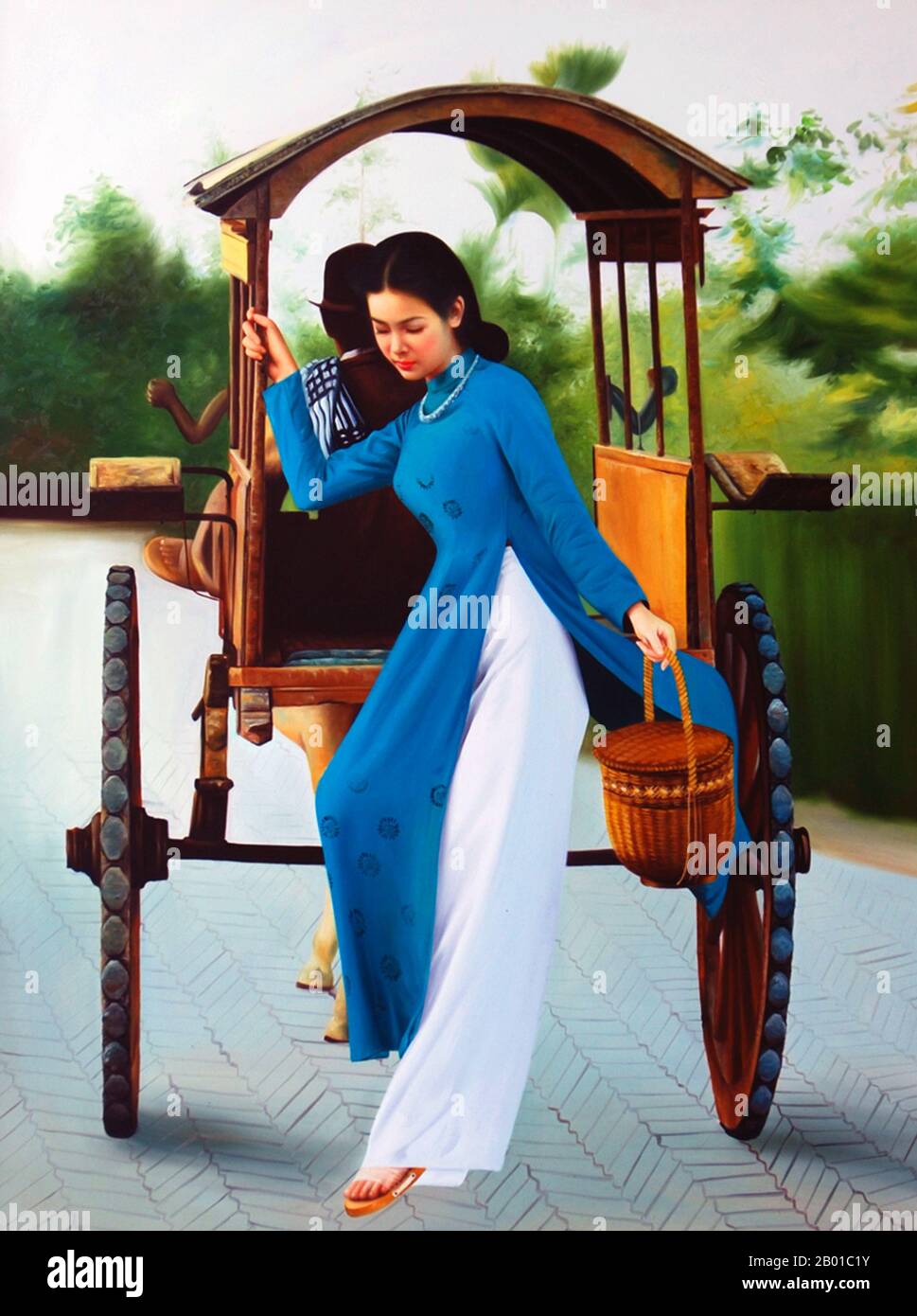 Vietnam: Modern commercial painting of a young woman in an ao dai dress descending from a covered pony cart, copied from a 1950s photograph, for sale in Saigon.  The ao dai (Vietnamese: áo dài) is a Vietnamese national costume, now most commonly for women. In its current form, it is a tight-fitting silk tunic worn over pantaloons. The word is pronounced ow-zye in the north and ow-yai in the south, and translates as 'long dress'.  The name áo dài was originally applied to the dress worn at the court of the Nguyễn Lords at Huế in the 18th century. This outfit evolved into the áo ngũ thân. Stock Photo