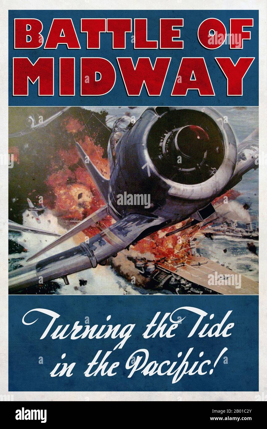 USA/Japan: Commemorative poster celebrating the US victory over Imperial Japan at Midway, 4-7 June 1942. Illustration by Larry Wolfe (public domain), 2011.  The Battle of Midway is widely regarded as the most important naval battle of the Pacific Campaign of World War II. Between 4 and 7 June 1942, approximately one month after the Battle of the Coral Sea and six months after Japan's attack on Pearl Harbor, the United States Navy decisively defeated an Imperial Japanese Navy (IJN) attack against Midway Atoll, inflicting irreparable damage on the Japanese fleet. Stock Photo