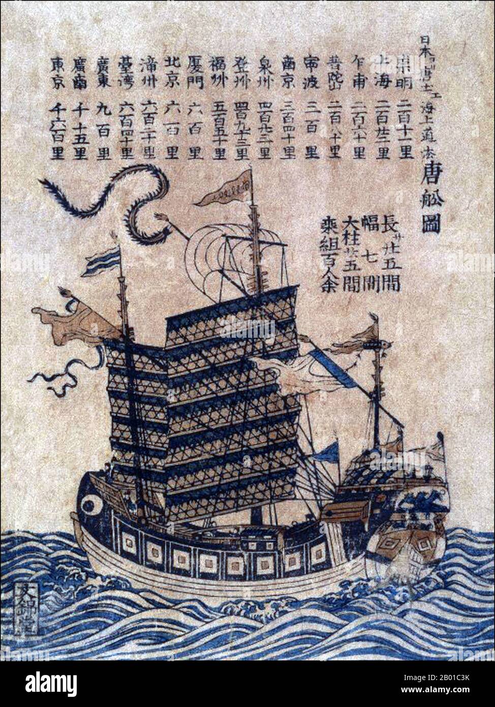 China: An ocean-going junk (Tosen Zu) with listings of the sea route from China to Japan. Woodcut print, c. 1847-1853..  A junk is an ancient Chinese sailing vessel design still in use today. Junks were developed during the Han Dynasty (206 BC–220 AD) and were used as sea-going vessels as early as the 2nd century AD. They evolved in the later dynasties, and were used throughout Asia for extensive ocean voyages. They were found, and in lesser numbers are still found, throughout Southeast Asia and India, but primarily in China, perhaps most famously in Hong Kong. Stock Photo