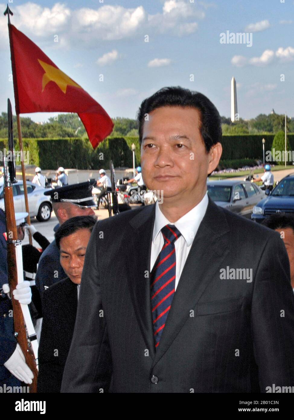 Vietnam: Nguyen Tan Dung (17 November 1949 - ), 6th Prime Minister of Vietnam (r. 2006-2016), in Washington DC. Photo by R. D. Ward (public domain), June 24 2008.  Nguyễn Tấn Dũng served as Prime Minister from 2006 to 2016. He was confirmed by the National Assembly on June 27, 2006, having been nominated by his predecessor, Phan Van Khai, who retired from office.  At a party congress in January 2011, Dung was ranked third in the hierarchy of the Communist Party of Vietnam, but was unable to maintain his post after the 12th National Congress in 2016 due to claims of corruption and nepotism. Stock Photo