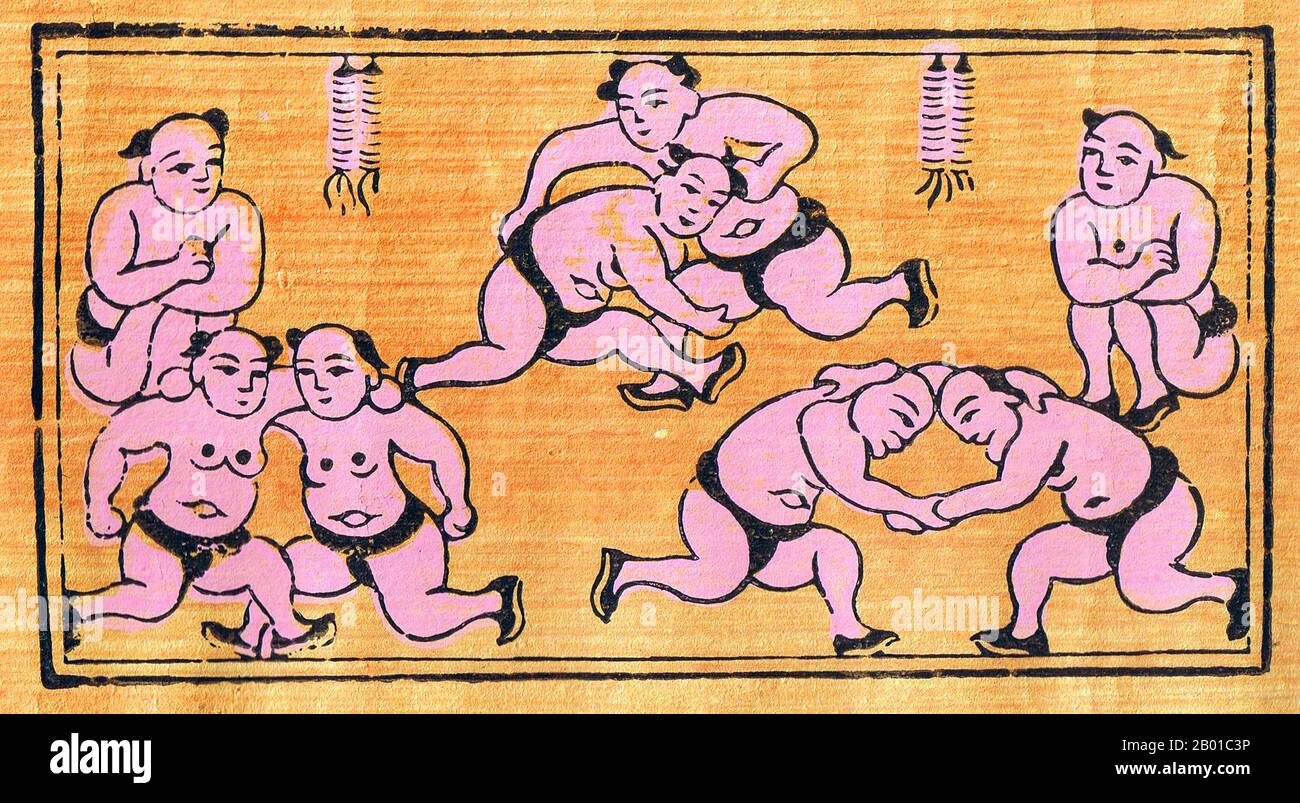 Vietnam: A traditional woodblock painting of wrestlers from Dong Ho village, Bac Ninh Province.  Dong Ho painting (Vietnamese: Tranh Đông Hồ or Tranh làng Hồ), full name Dong Ho folk woodcut painting (Tranh khắc gỗ dân gian Đông Hồ) is a genre of Vietnamese woodcut paintings originating from Dong Ho village (làng Đông Hồ) in Bac Ninh Province, Vietnam.  Using the traditional điệp paper and colours derived from nature, craftsmen print Dong Ho pictures of different themes from good luck wishes, historical figures to everyday activities and folk allegories. Stock Photo