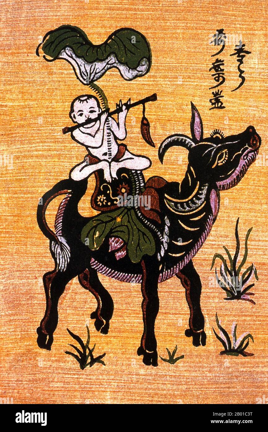 Vietnam: A pastoral scene in Tonkin - traditional woodblock painting from Dong Ho village, Bac Ninh Province.  Dong Ho painting (Vietnamese: Tranh Đông Hồ or Tranh làng Hồ), full name Dong Ho folk woodcut painting (Tranh khắc gỗ dân gian Đông Hồ) is a genre of Vietnamese woodcut paintings originating from Dong Ho village (làng Đông Hồ) in Bac Ninh Province, Vietnam.  Using the traditional điệp paper and colours derived from nature, craftsmen print Dong Ho pictures of different themes from good luck wishes, historical figures to everyday activities and folk allegories. Stock Photo