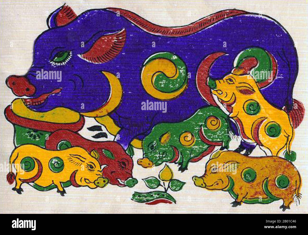 Vietnam: A mother pig and her litter - traditional woodblock painting from Dong Ho village, Bac Ninh Province.  Dong Ho painting (Vietnamese: Tranh Đông Hồ or Tranh làng Hồ), full name Dong Ho folk woodcut painting (Tranh khắc gỗ dân gian Đông Hồ) is a genre of Vietnamese woodcut paintings originating from Dong Ho village (làng Đông Hồ) in Bac Ninh Province, Vietnam  Using the traditional điệp paper and colours derived from nature, craftsmen print Dong Ho pictures of different themes from good luck wishes, historical figures to everyday activities and folk allegories. Stock Photo