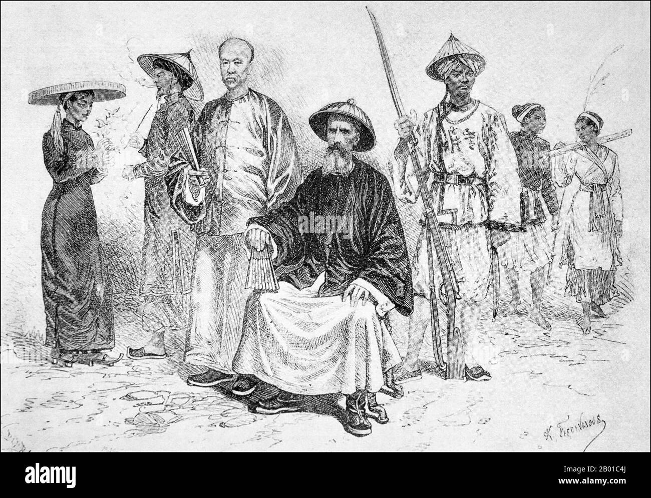 Vietnam: Jean Dupuis (7 December 1829 - 28 November 1912), French adventurer, trader, and arms dealer. Illustration by Alexandre Ferdinandus (2 March 1850 - 8 November 1888), 1873.  Left to Right: Woman and man of the Tonkinese wealthy class; Li Yu-tche, a Chinese mandarin travelling with Dupuis; Dupuis in Chinese dress; a Yunnanese soldier of Dupuis' escort; man and woman of 'the people' of Tonkin - i.e., not of the wealthy class.  Jean Dupuis was a French trader and explorer, known in Vietnam as Do Pho Nghia. He convinced to Francis Garnier to capture Hanoi and conquer the Tonkin region. Stock Photo
