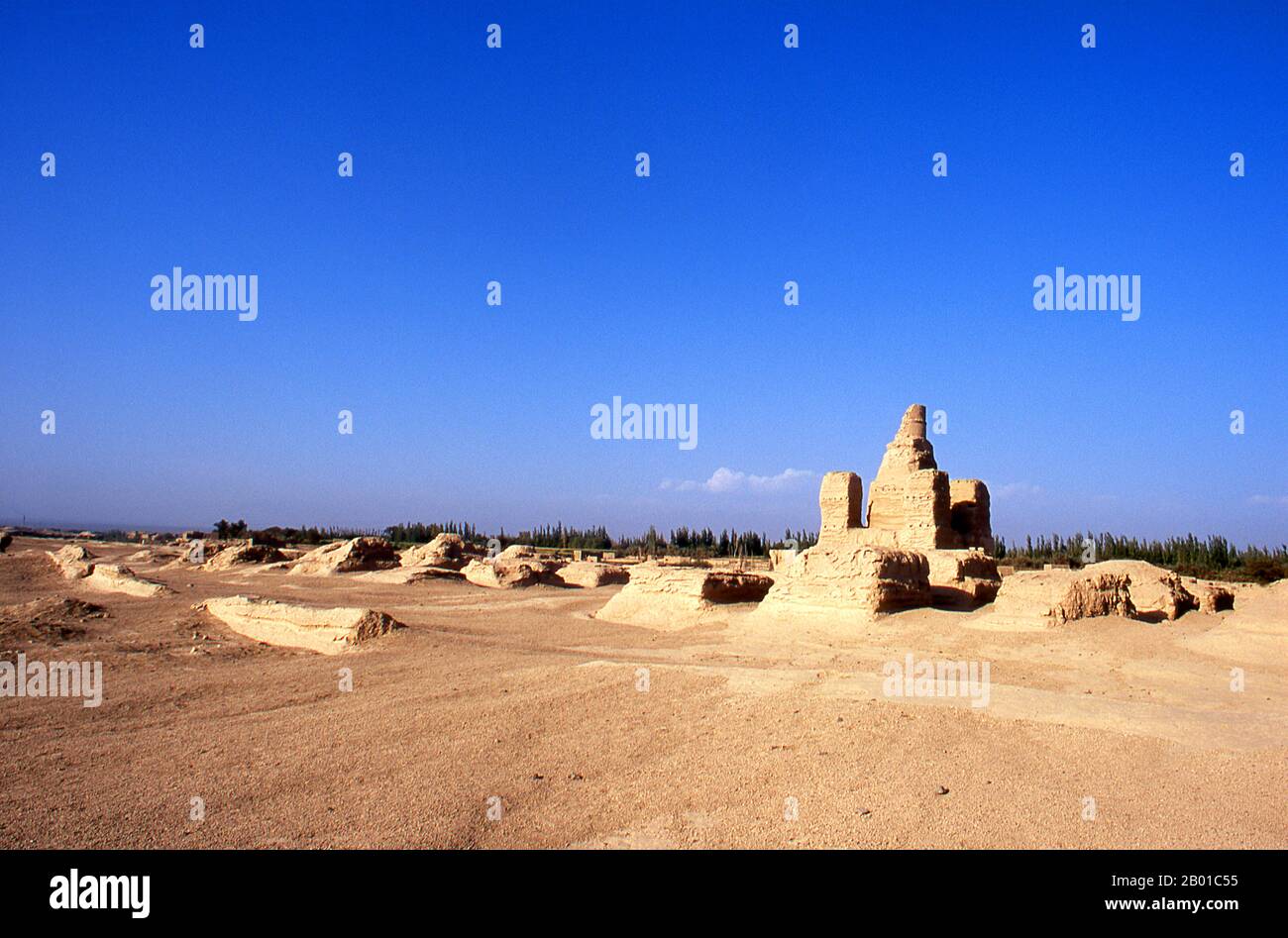 China: Ancient pagoda, Yarkhoto or Jiaohe Gucheng (Jiaohe Ancient City), near Turpan, Xinjiang.  Yarkhoto (Jiaohe Ruins) is found in the Yarnaz Valley, 10 km west of the city of Turpan. Yarkhoto was developed as an administrative centre and garrison town by the Chinese following the Han conquest of the area in the 2nd century BC. The city flourished under the Tang Dynasty (618-907), but subsequently went into decline, and was finally abandoned early in the 14th century. Stock Photo