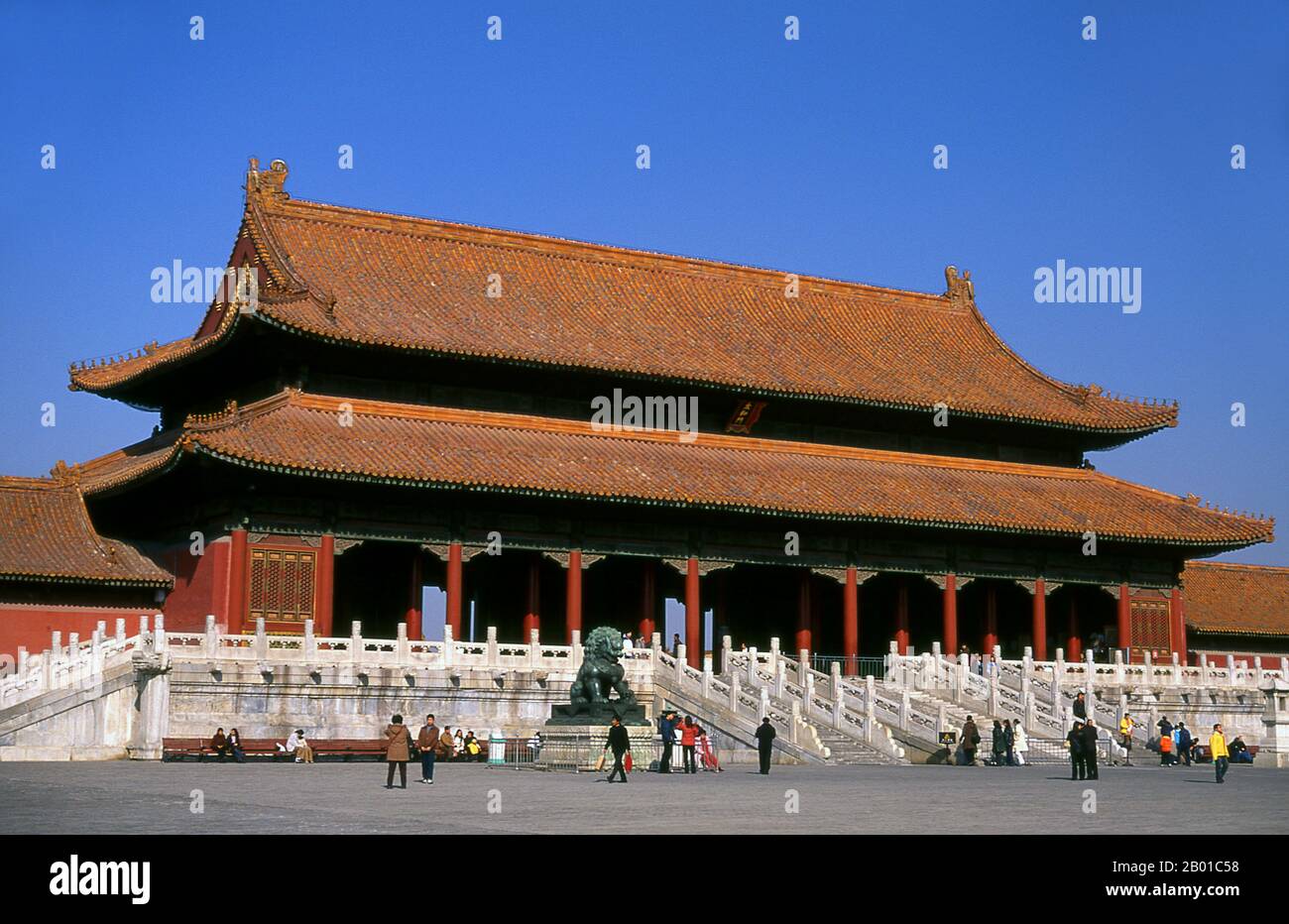 China: Gate of Supreme Harmony, The Forbidden City (Zijin Cheng), Beijing.  The Gate of Supreme Harmony (pinyin: Tàihémén; Manchu: Amba hūwaliyambure duka), is the second major gate at the southern side of the Forbidden City.  The Forbidden City, built between 1406 and 1420, served for 500 years (until the end of the imperial era in 1911) as the seat of all power in China, the throne of the Son of Heaven and the private residence of all the Ming and Qing dynasty emperors. The complex consists of 980 buildings with 8,707 bays of rooms and covers 720,000 sq m (7,800,000 sq ft). Stock Photo