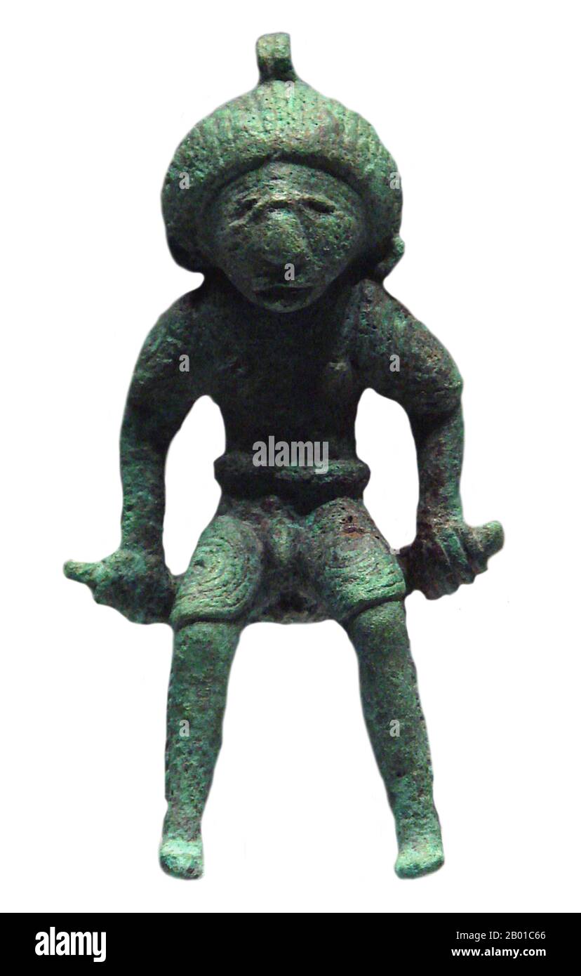 Thailand/Vietnam: Bronze figurine, Đông Sơn culture, c. 500 BCE - 300 CE. Photo by PHGCOM (CC BY-SA 3.0 License).  Đông Sơn was a prehistoric Bronze Age culture in Vietnam centered on the Red River Valley of northern Vietnam. At this time the first Vietnamese kingdoms of Văn Lang and Âu Lạc appeared. Its influence flourished in other neighbouring parts of Southeast Asia from about 500 BCE to 100 CE. Stock Photo