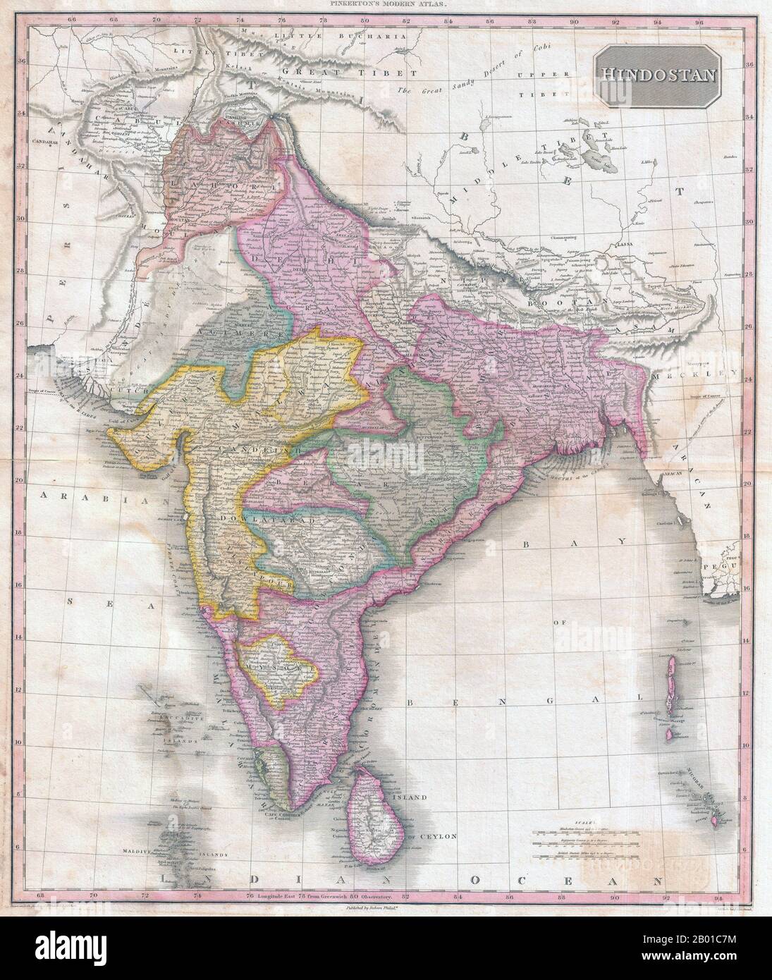 India/South Asia: Map of Hindostan showing British Raj by John Pinkerton (17 Februar 1758 - 10 March 1826), c. 1818.  Map of Hindostan from Pinkerton's Modern Atlas, early 19th century. It covers the subcontinent from Tibet to Ceylon (Sri Lanka) and from the mouth of the Indus to the Kingdom of Pegu (Burma/Myanmar). The map also colour codes various political divisions and princely states. Stock Photo