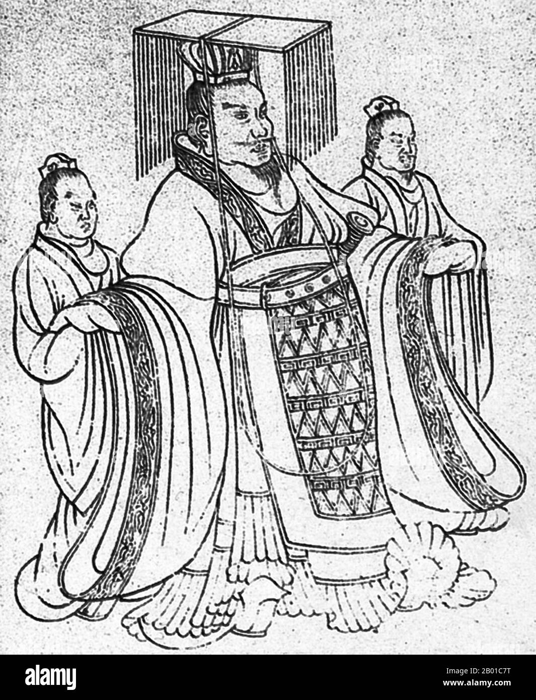 China: Emperor Wu of Han (7 June 156 - 29 March 87 BCE) with attendants. Illustration, c. 1st century BCE.  Emperor Wu of Han (pinyin: Hànwǔdì; Wade–Giles: Wu Ti), personal name Liu Che and courtesy name Tong, was the seventh emperor of the Han Dynasty of China, ruling from 141 to 87 BCE. Emperor Wu is best remembered for the vast territorial expansion that occurred under his reign, as well as the strong and centralised Confucian state he organised.  He is cited in Chinese history as the greatest emperor of the Han dynasty and one of the greatest emperors in Chinese history. Stock Photo