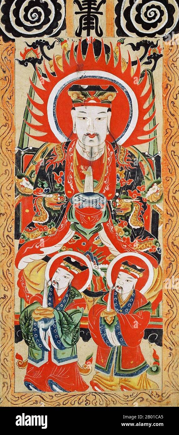 Vietnam: Hang Trong painting of the Jade Emperor Ngọc Hoàng Thượng Đế, 20th century.  Hang Trong painting (Vietnamese: Tranh Hàng Trống) is a genre of Vietnamese woodcut painting that originated from the area of Hàng Trống and Hàng Nón streets in Old Hanoi's 36 Streets District.  In the past, Hang Trong painting was an essential element of the Tết holiday in Hanoi, but today this tradition has almost disappeared and authentic Hang Trong paintings are found only in museums or fine art galleries. Stock Photo